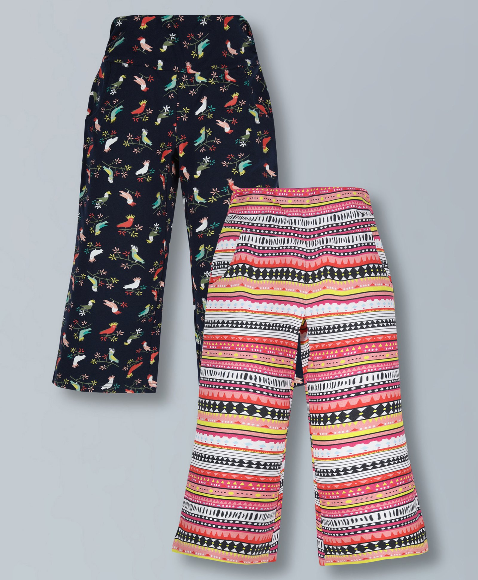 Plum Tree Cotton Pack Of 2 Birds & Abstract Printed Flared Palazzo Pants - Off White & Blue-picture-40