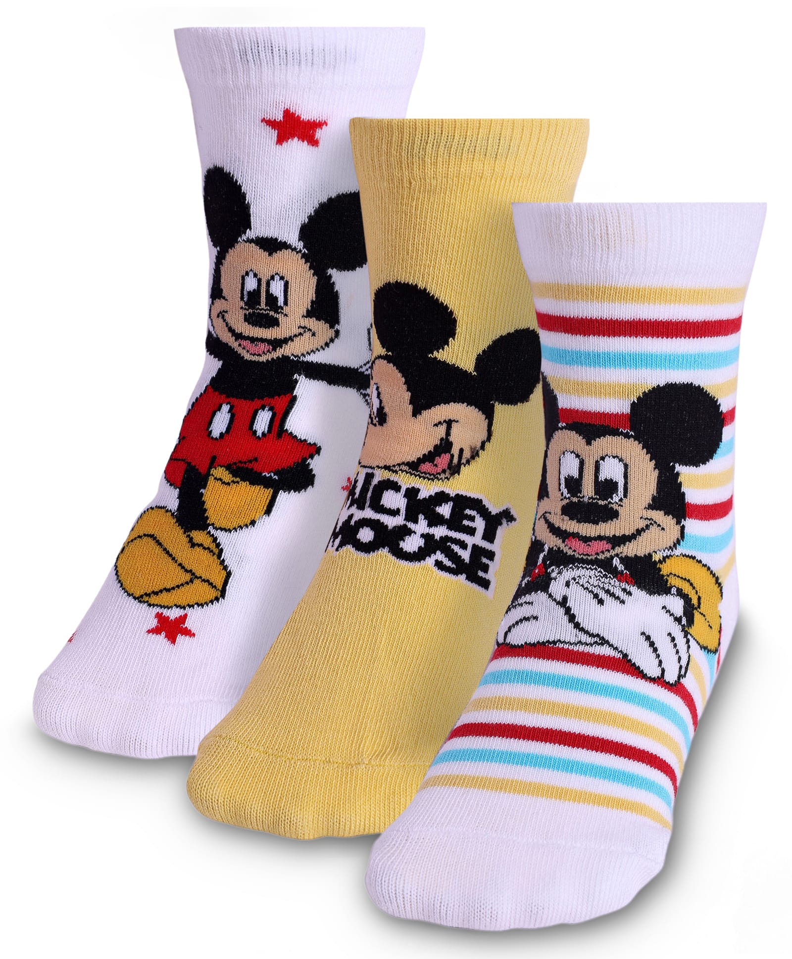 Cute Walk By Babyhug Knit Antibacterial Socks With Mickey Mouse Graphics Pack Of 3 - White & Yellow-image-36