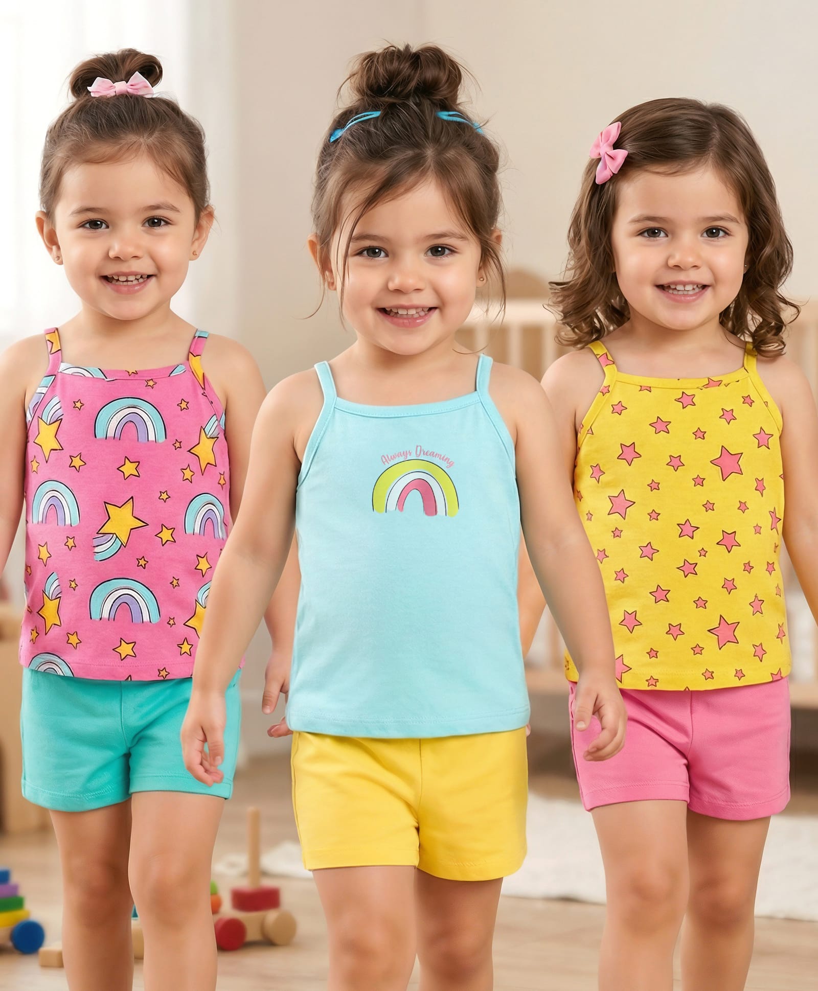 Babyhug 100% Cotton Single Jersey Knit Slips With Star & Rainbow Print Pack Of 3 - Light Blue Pink & Yellow-image-39