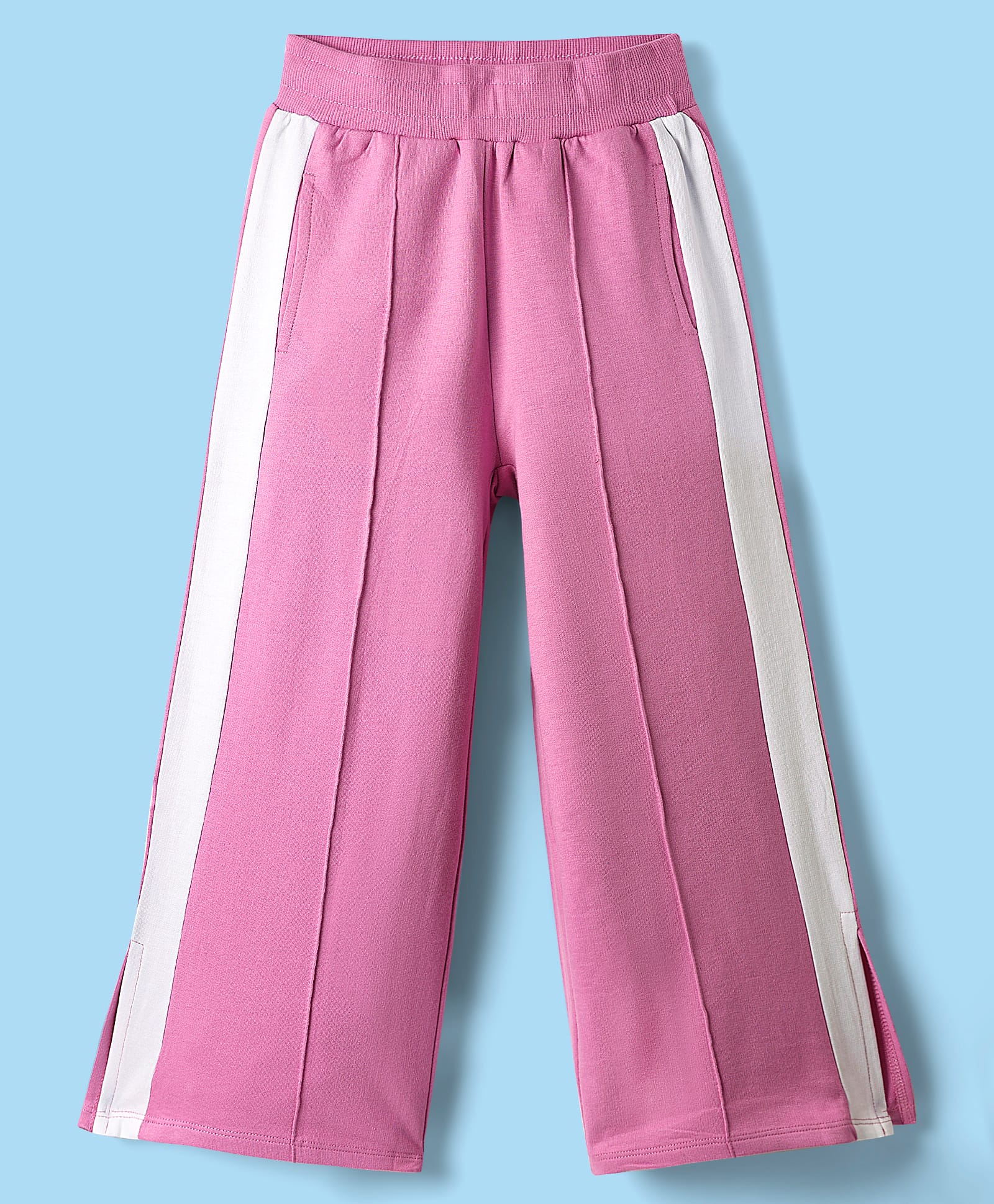 Honeyhap 100% Cotton Knit Full Length Side Tape Detailing Track Pant With Bio Finish - Cyclamen & Bright White-image-34
