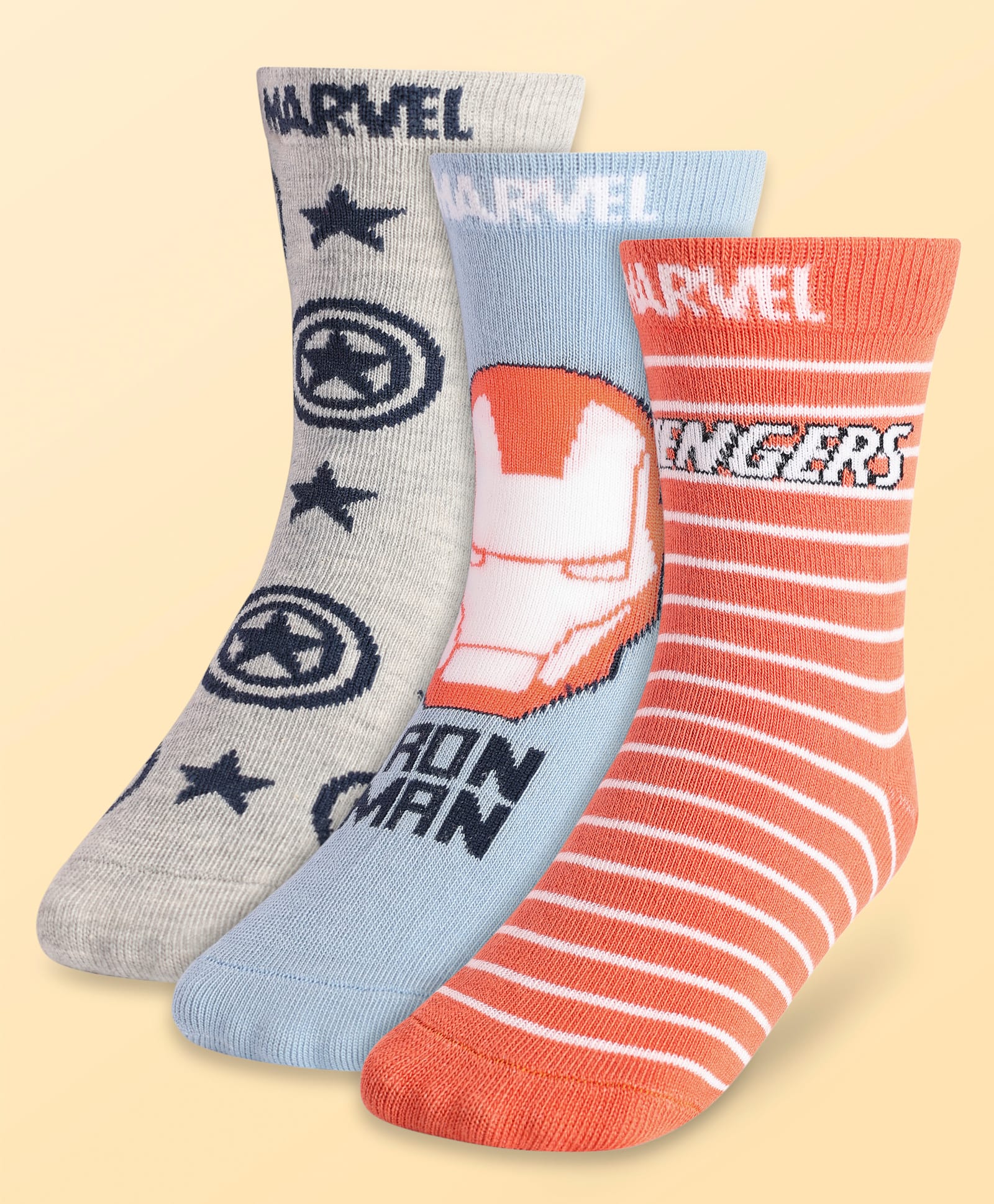 Pine Kids Marvel Knit Antibacterial Socks With Stripes & Avengers Graphics Pack Of 3 - Orange Light Blue & Grey-image-40