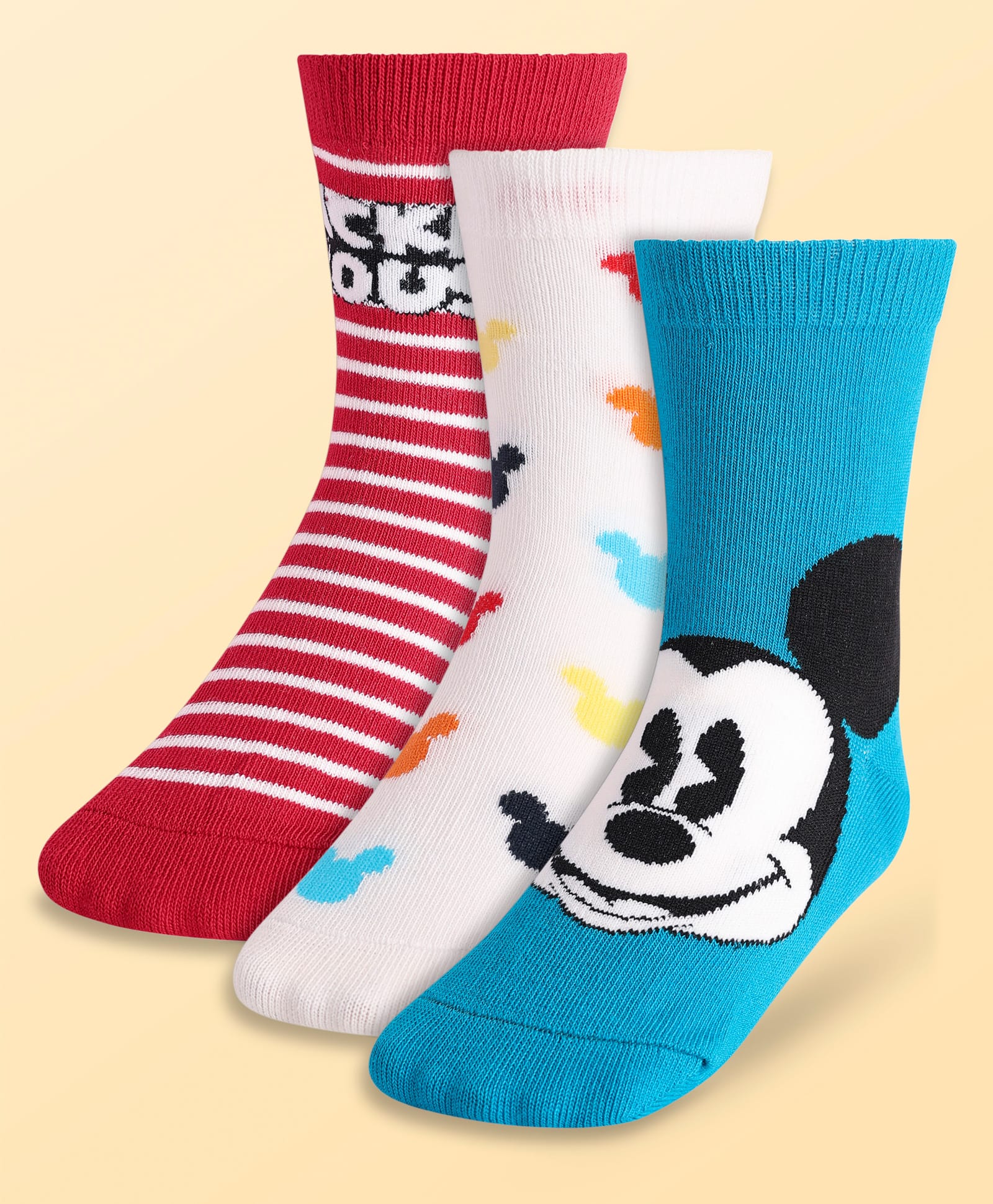 Pine Kids Disney Knit Antibacterial Socks With Stripes & Mickey Mouse Graphics Pack Of 3 - Red Light Blue & White-picture-34
