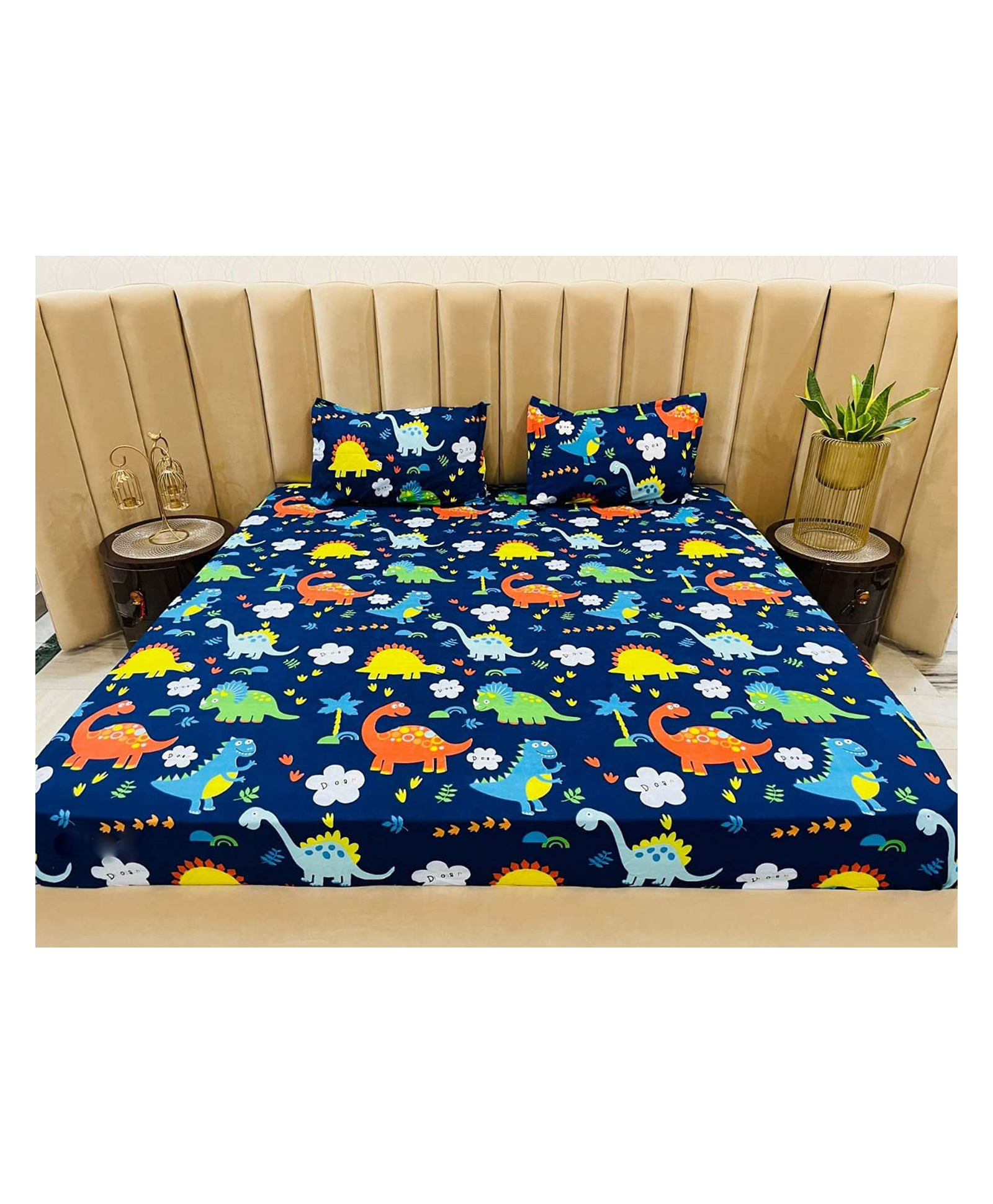 BHAIJI BEDSHEETS Glace Cotton Bed Sheet Double Bed With 2 Pillow Covers Kids Cartoon Prints - Blue Dino-image-14