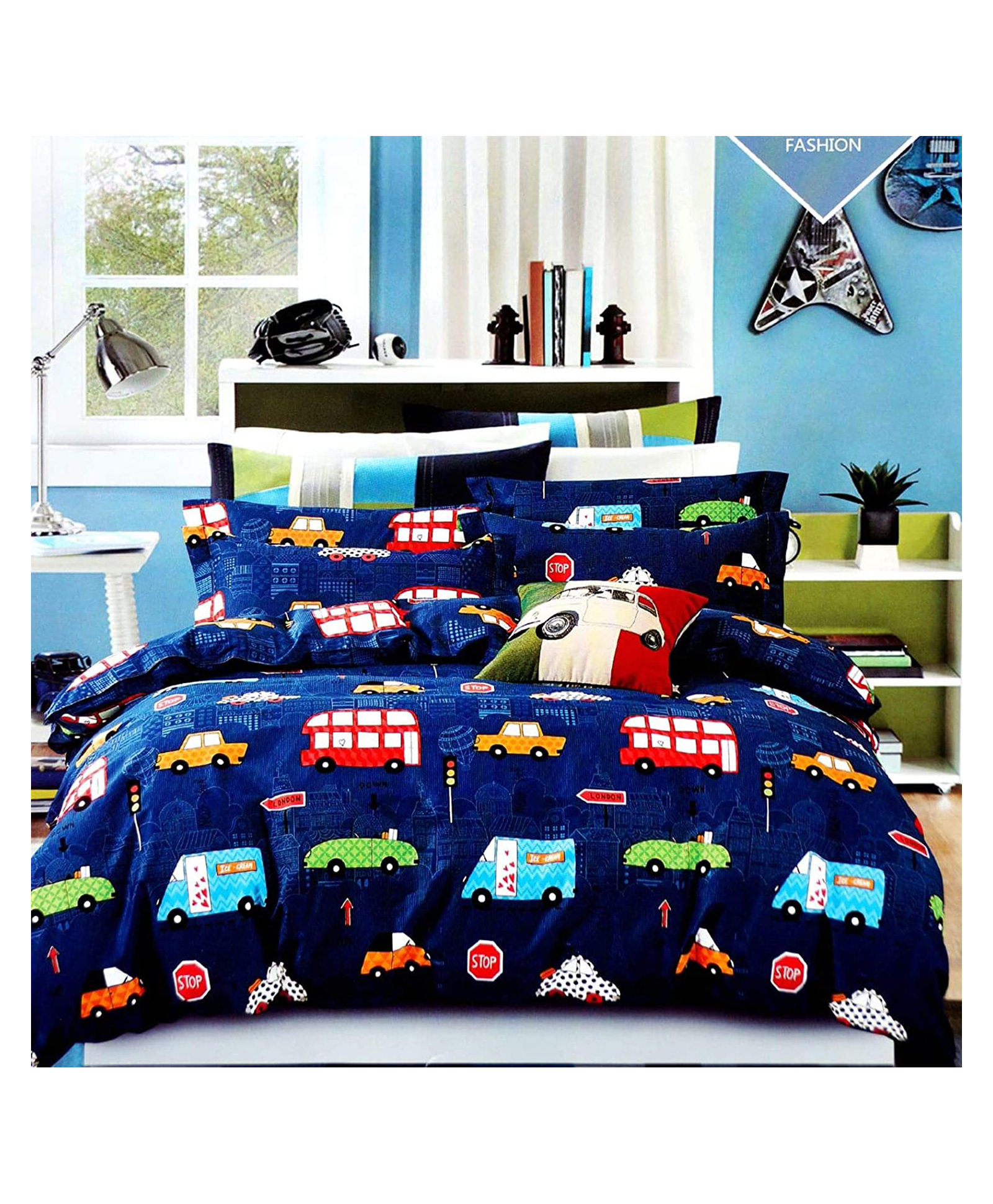 BHAIJI BEDSHEETS Glace Cotton Bed Sheet Double Bed With 2 Pillow Covers Kids Cartoon Prints - Bus Car-image-45
