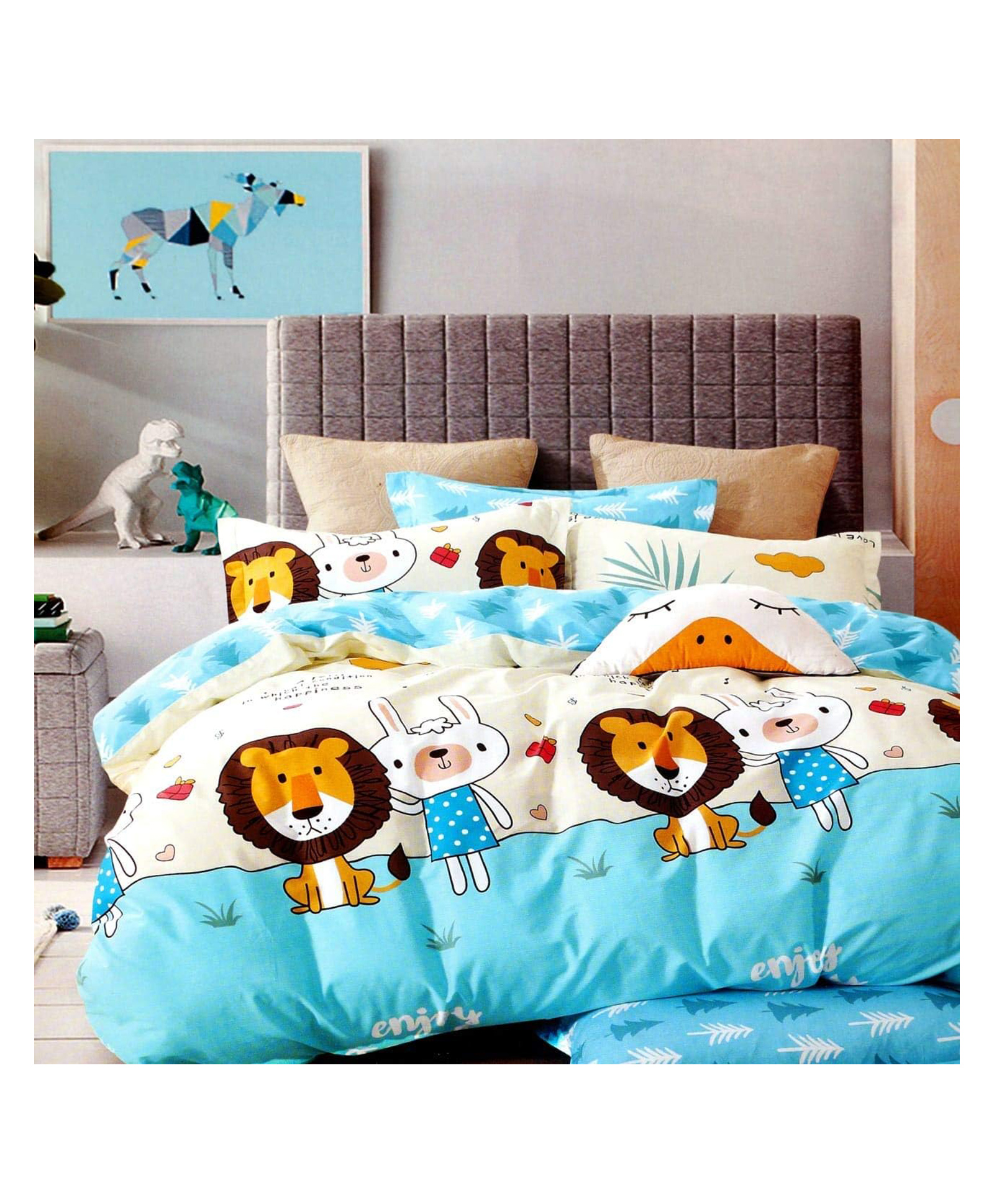 BHAIJI BEDSHEETS Glace Cotton Bed Sheet Double Bed With 2 Pillow Covers Kids Cartoon Prints - Lion Rabbit-image-44