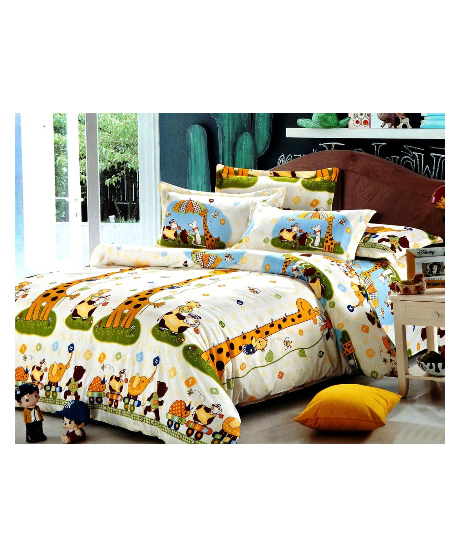 BHAIJI BEDSHEETS Glace Cotton Bed Sheet Double Bed With 2 Pillow Covers Kids Cartoon Prints - Yellow Giraffe-image-49