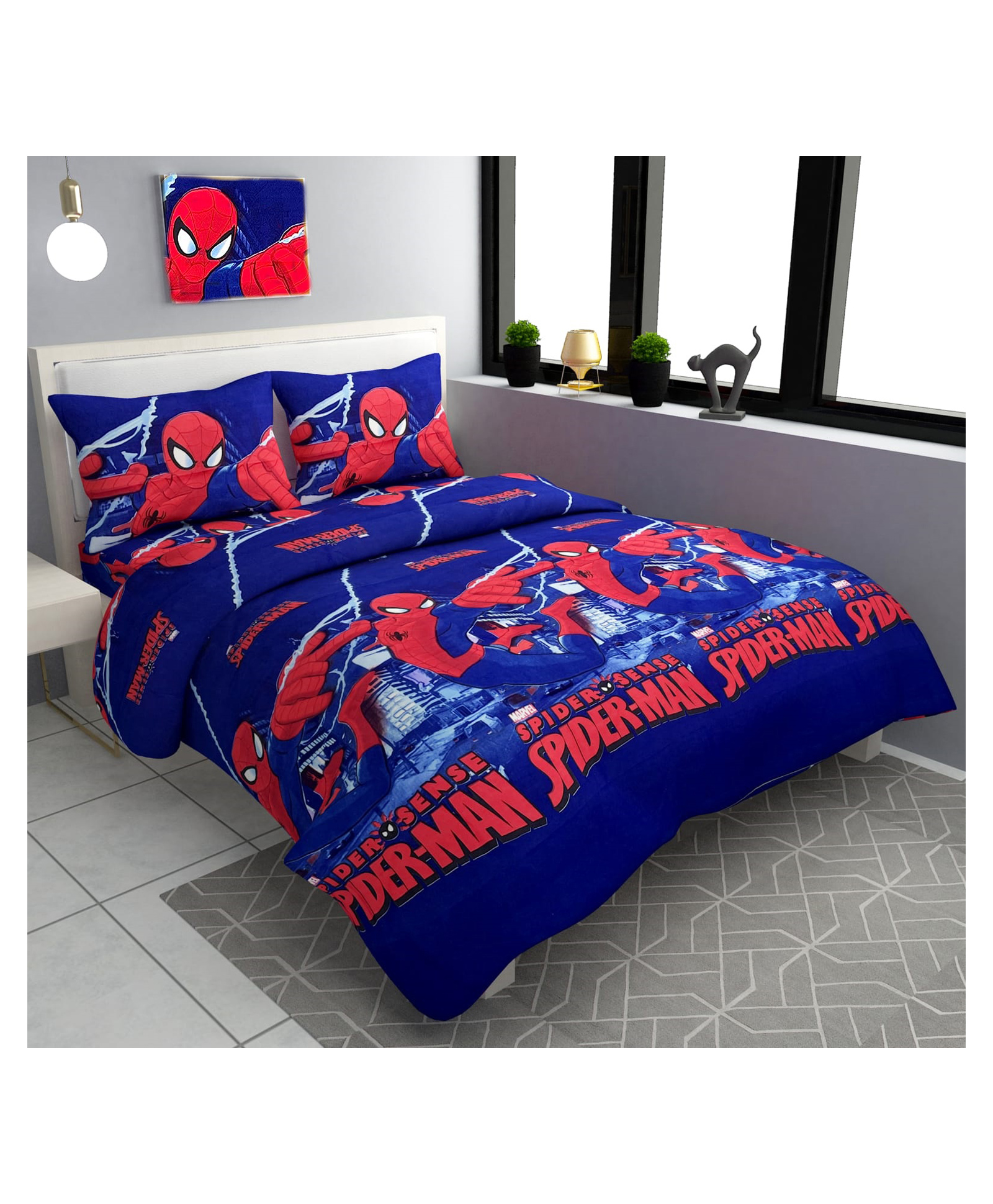 BHAIJI BEDSHEETS Glace Cotton Bed Sheet Double Bed With 2 Pillow Covers Kids Cartoon Prints -Spider Man-image-33