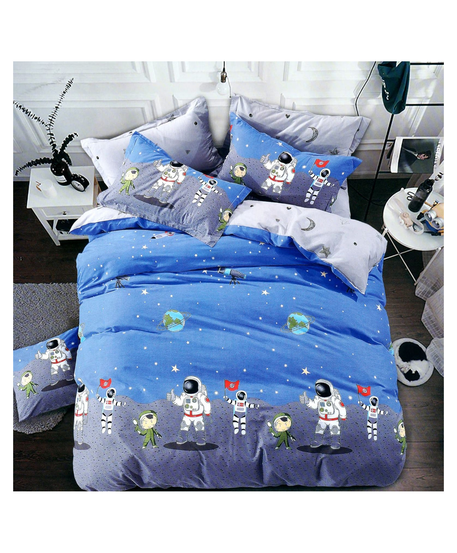BHAIJI BEDSHEETS Glace Cotton Bed Sheet Double Bed With 2 Pillow Covers Kids Cartoon Prints - Astronot-image-28