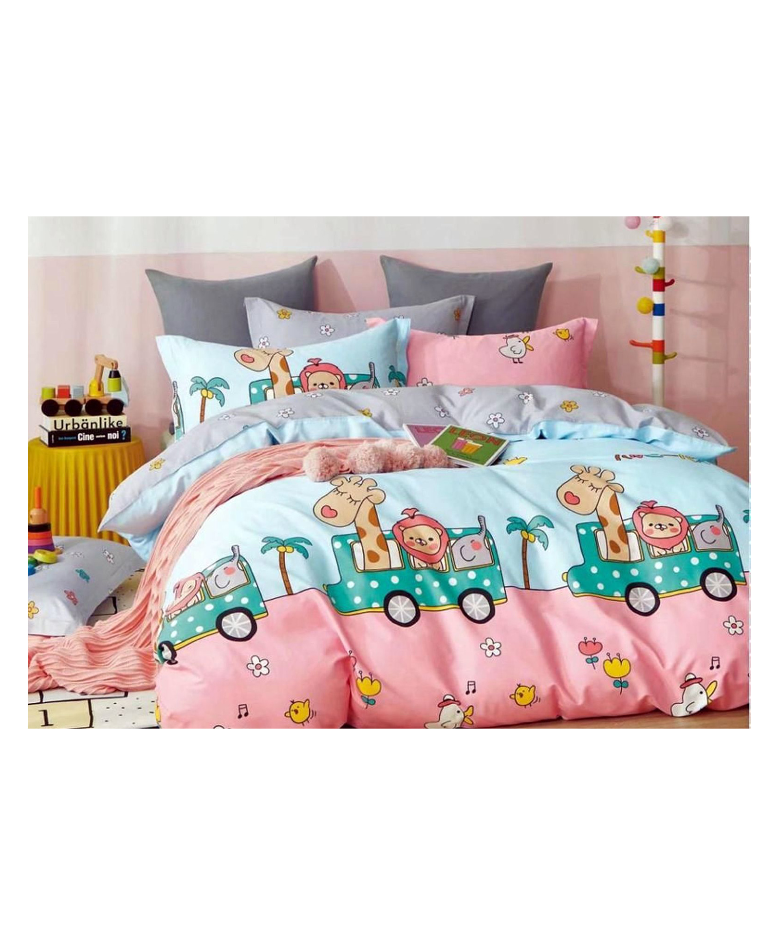 BHAIJI BEDSHEETS Glace Cotton Bed Sheet Double Bed With 2 Pillow Covers Kids Cartoon Prints - Animal Train-image-43