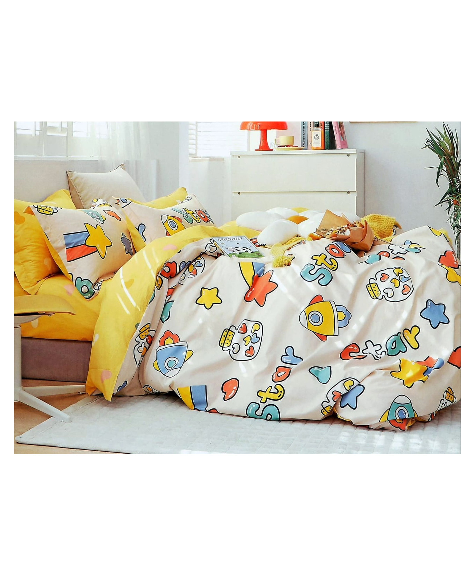 BHAIJI BEDSHEETS Glace Cotton Bed Sheet Double Bed With 2 Pillow Covers Kids Cartoon Prints - Star Space Ship-image-47