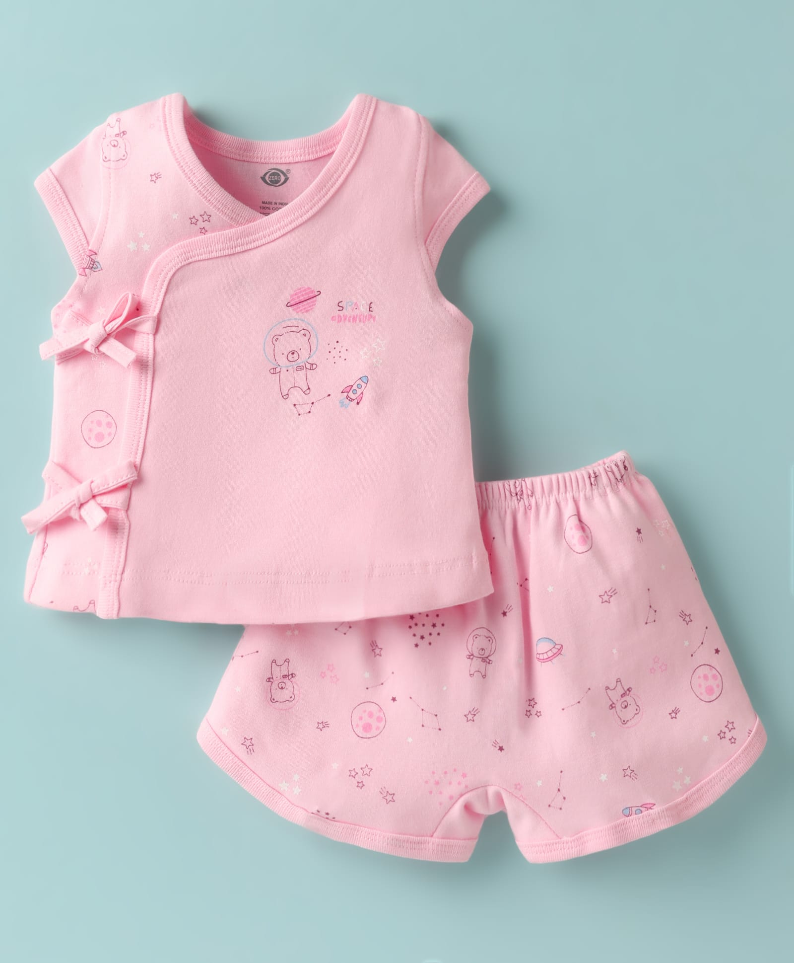 Zero Sinker Knit Sleeveless Shorts Night Suit With Space & Animal Print - Pink-image-44