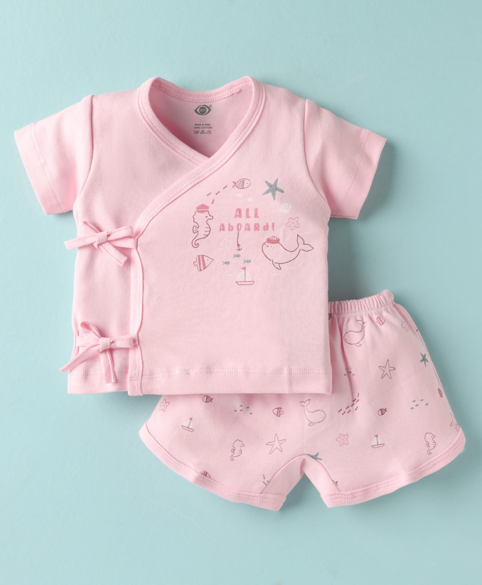 Zero Sinker Knit Half Sleeves Shorts Night Suit With All Aboard Text Print - Pink-image-28