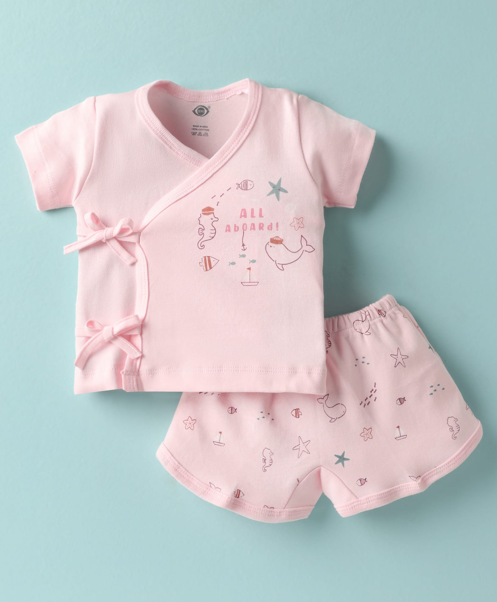Zero Sinker Knit Half Sleeves Shorts Night Suit With All Aboard Text Print - Light Pink-picture-11