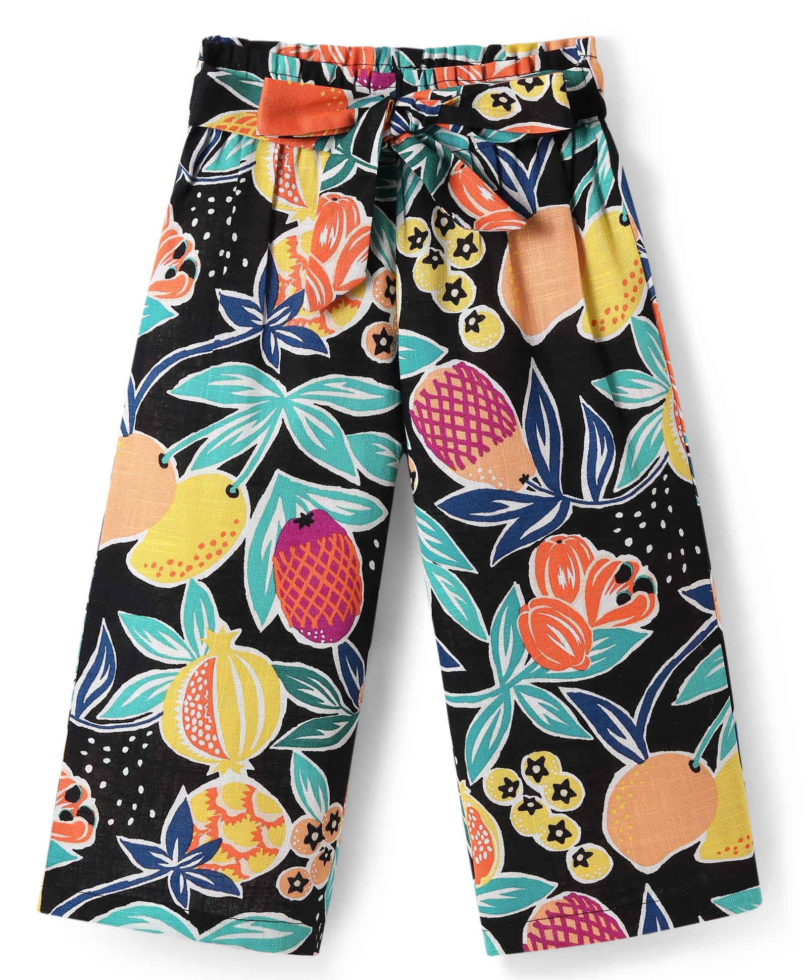 CrayonFlakes Cotton Fruits Printed Belted Palazzo - Black-picture-38