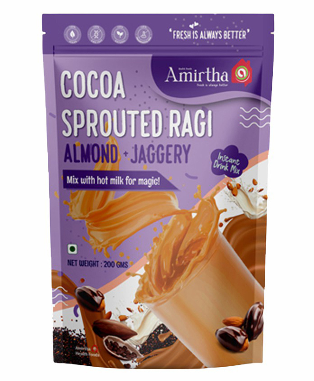 Amirtha Health Foods - Cocoa Sprouted Ragi Almond Drink mix - 200g | Chocolate Drink (Mild & pure cocoa) | Instant - Mix with milk | No Refined sugar-image-20