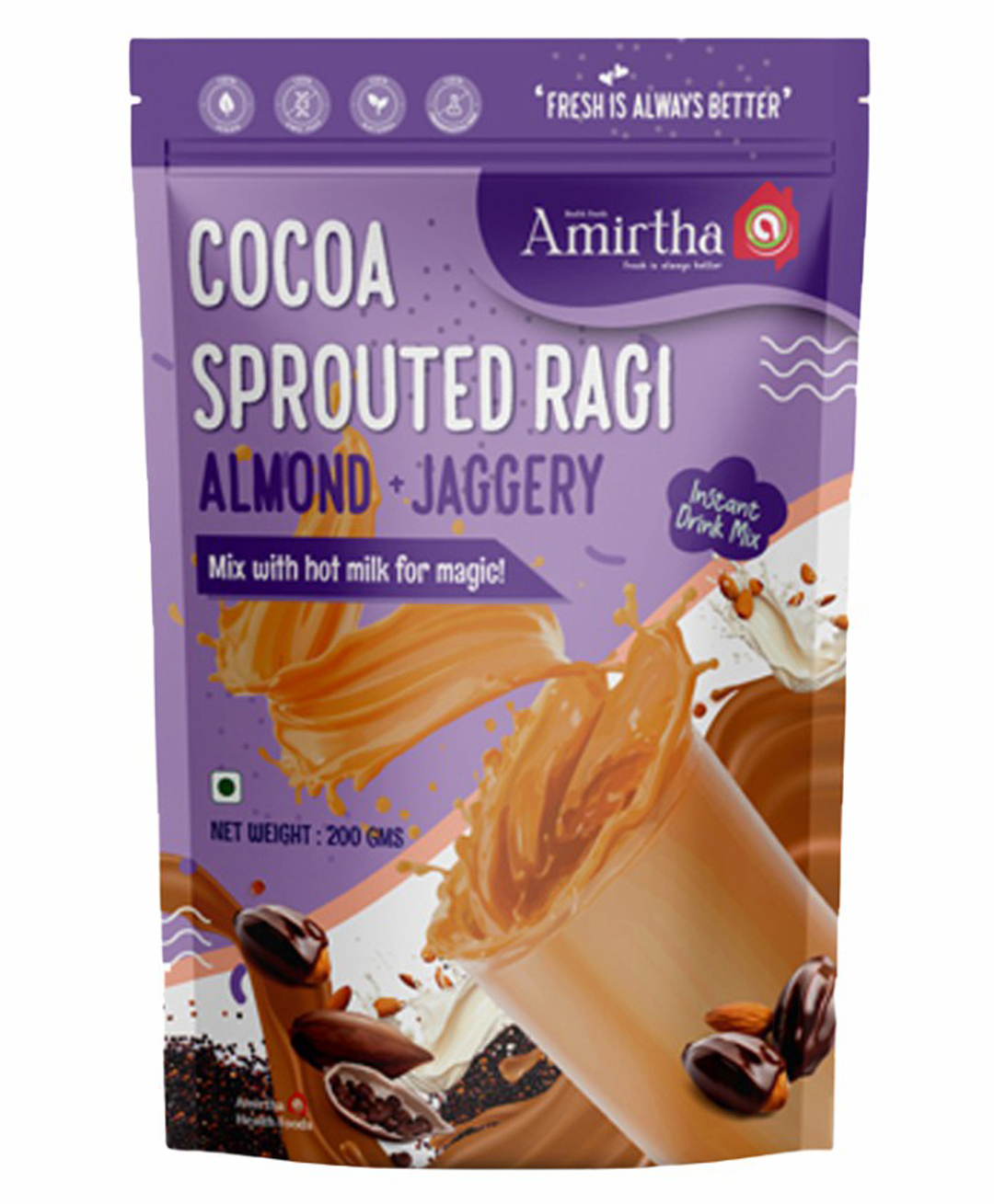 Amirtha Health Foods - Cocoa Sprouted Ragi Almond Drink mix - 400g | Chocolate Drink (Mild & pure cocoa) | Instant - Mix with milk | No Refined sugar-image-19