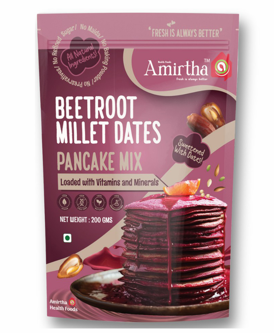 Amirtha Health Foods - Beetroot Millet Dates Pancake/waffle Mix | Sweetened with Dates | No Baking soda/salt | Super Healthy-200 g-image-36