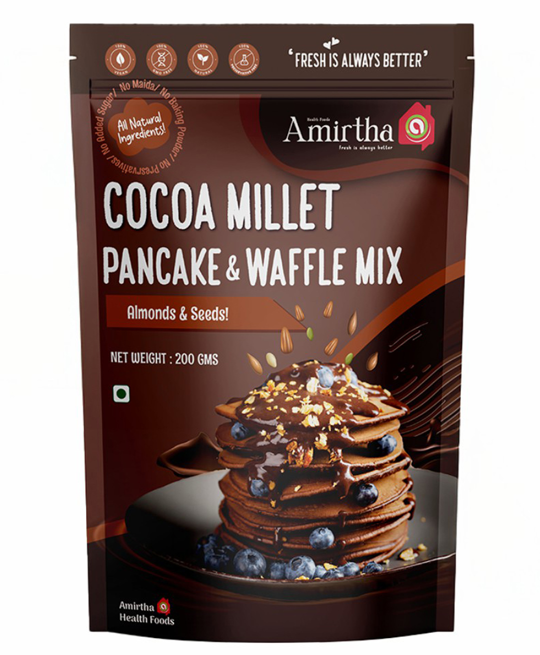 Amirtha Health Foods - Cocoa Millet Pancake/waffle Mix | Sweetened with Jaggery | No Baking soda/salt | Super Healthy-200 g-image-25