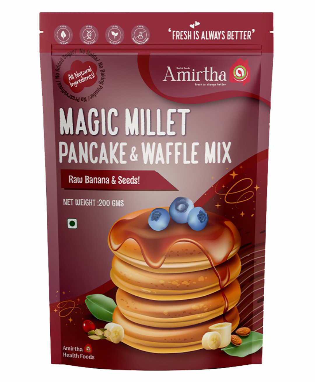 Amirtha Health Foods - Magic Millet Pancake/waffle Mix | with Goodness of Raw nendran banana | Sweetened with Jaggery | No Baking soda/salt-image-2