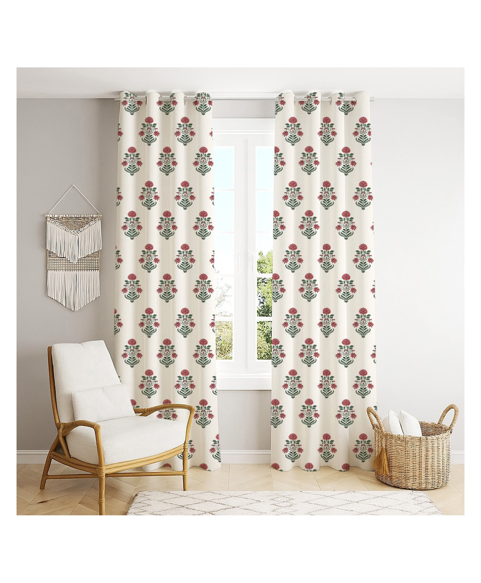 Trance Home Linen Floral Printed 8 Feet 100% Cotton Living Room Bedroom Door and Windows Curtain (Aangan Red Set 2,8Ft)-picture-20