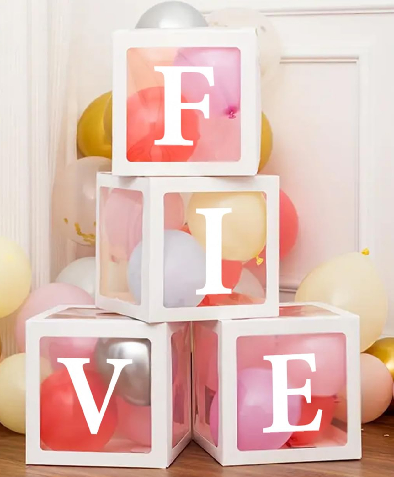Shopperskart Five Balloon Box 5th Birthday Decorations KitTransparent Letter Balloon Box is Perfect for Fifth Birthday Decoration -pack of 4 - White
