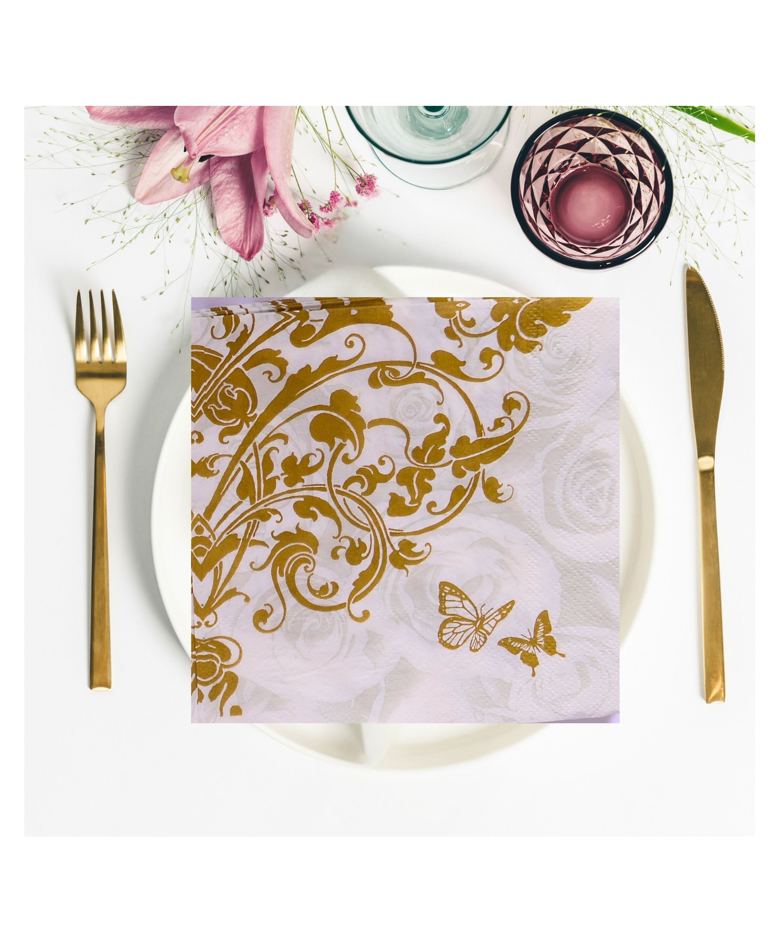 Party Anthem 2 Ply Gold Floral Printed Paper Napkins - Pack of 40