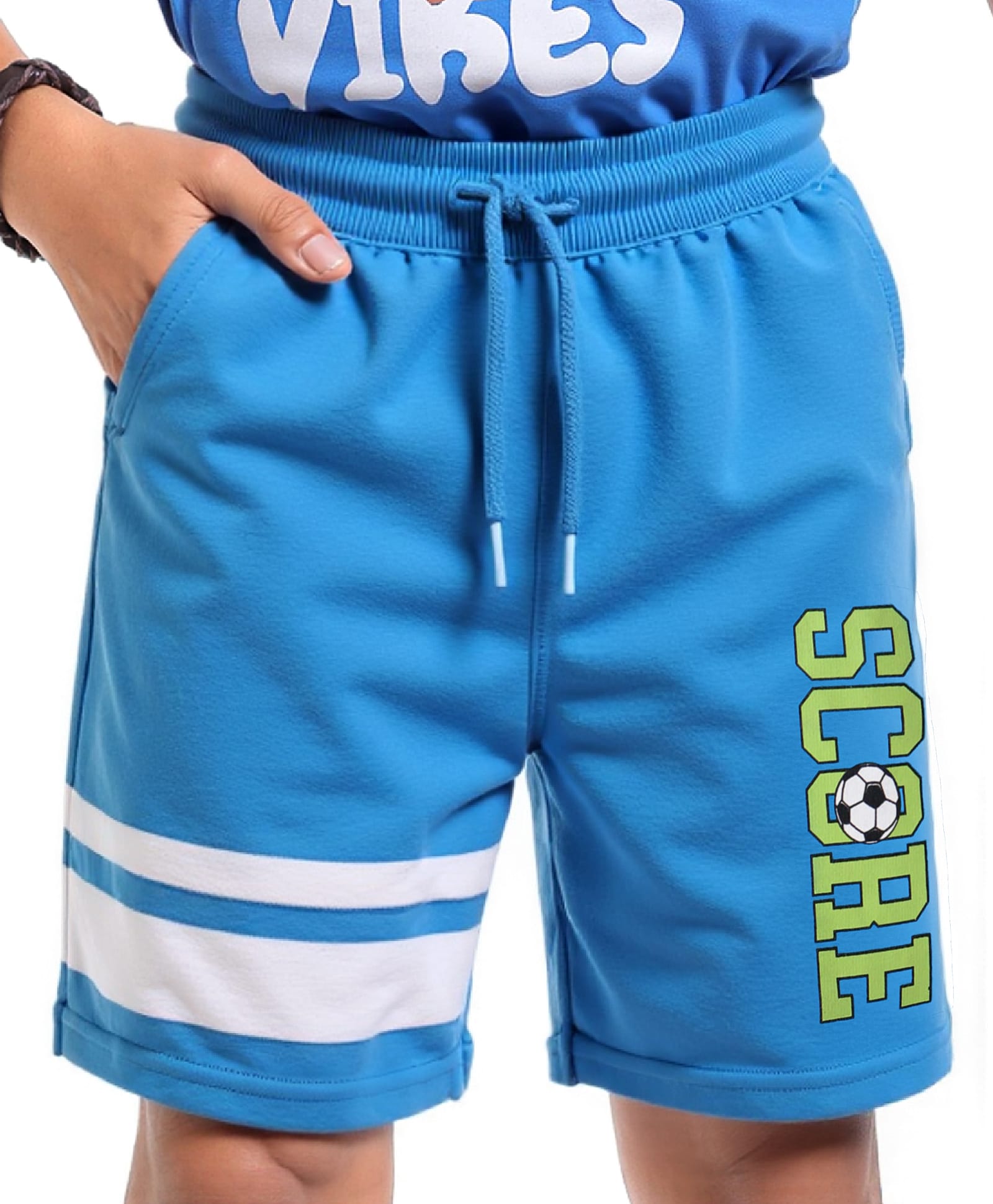 Pine Kids Looper Knit Knee Length Shorts with Soccer Text Print - Blue & White-picture-11