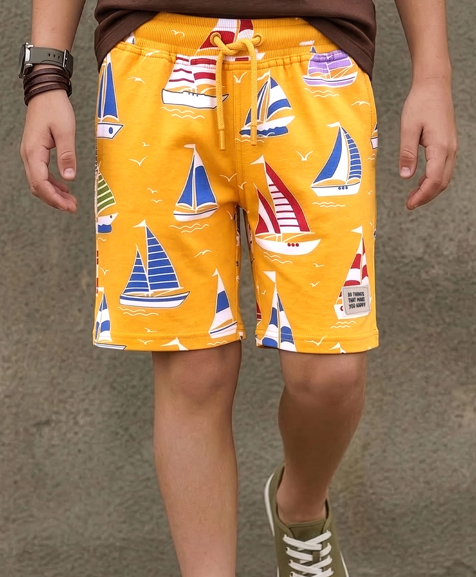 Pine Kids Looper Knit Above Knee Length Shorts With Boat Print - Golden-picture-23