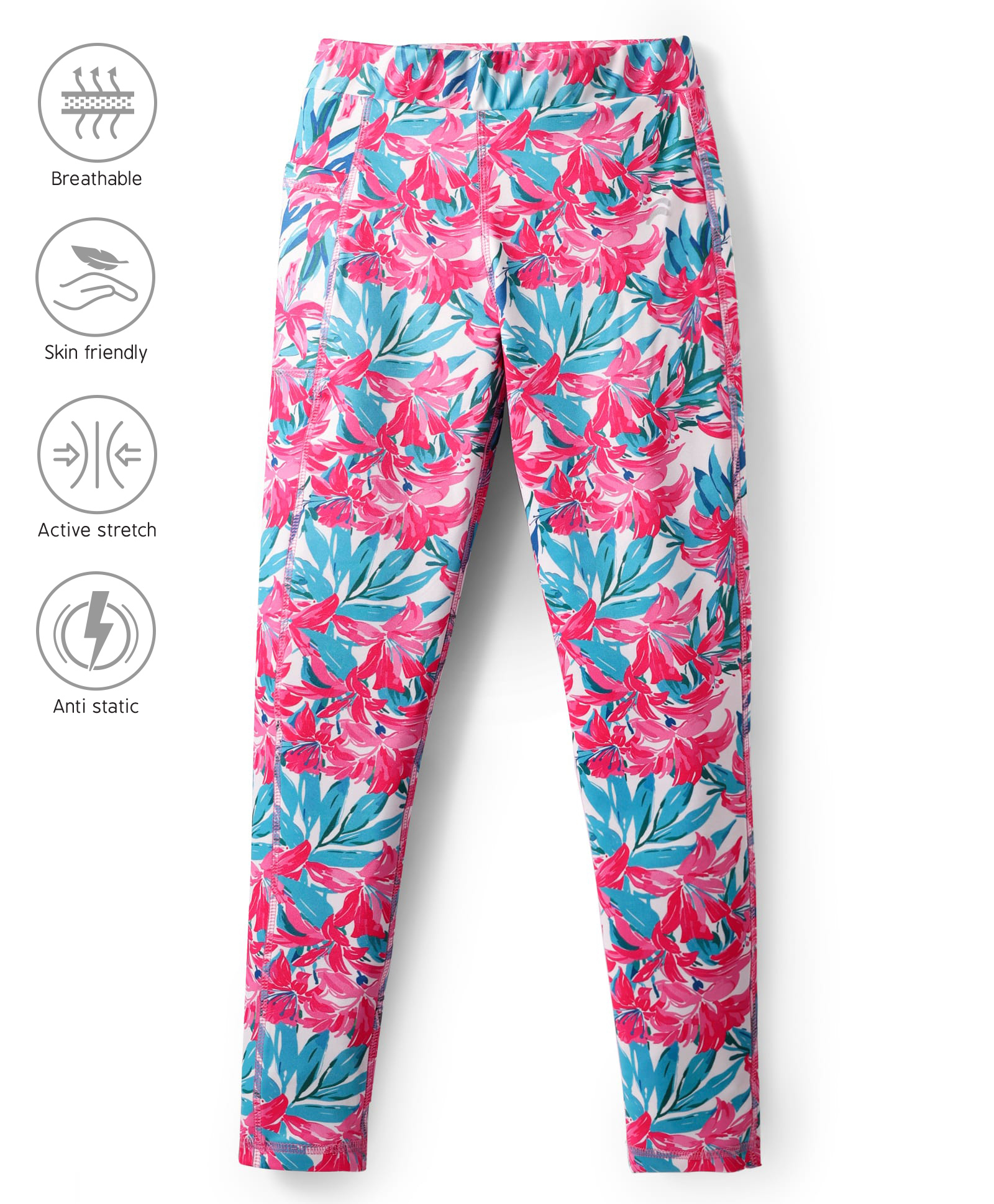Pine Active Full Length Super Stretch Leggings with Floral Print- Pink