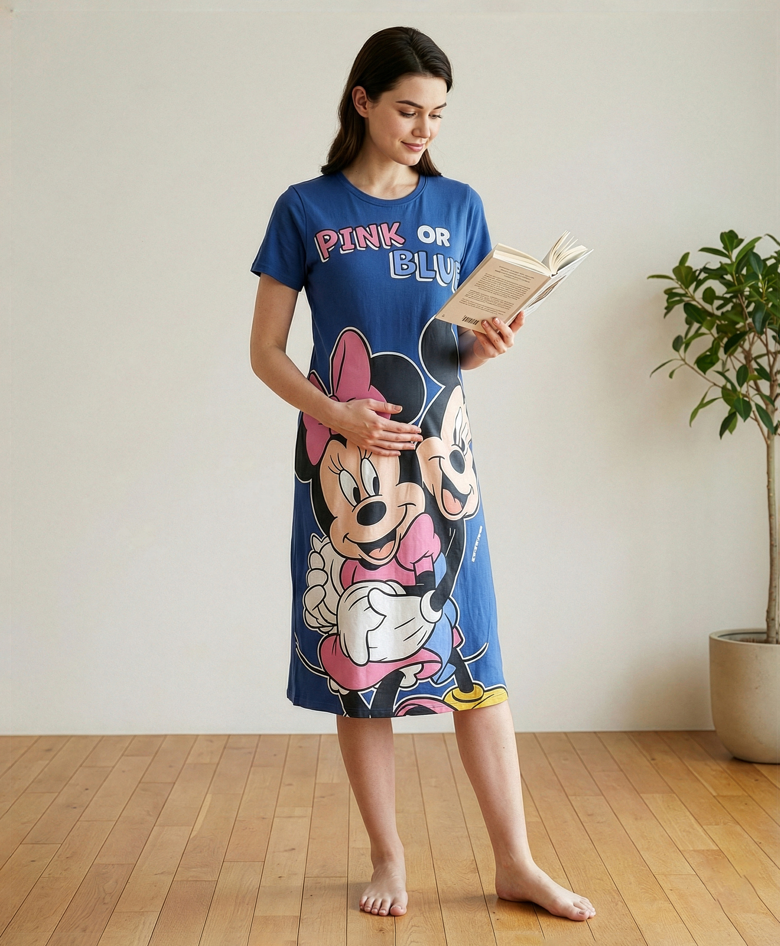 Bella Mama Disney Cotton Knit Half Sleeves Nighty With Minnie and Mickey Graphics - Navy Blue-picture-22