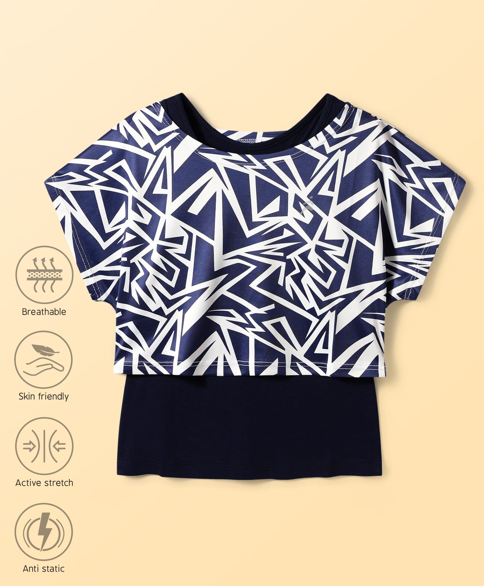 Pine Active Knit Half Sleeves Super Stretch Printed Crop Top with Vest - Navy Blue-image-41