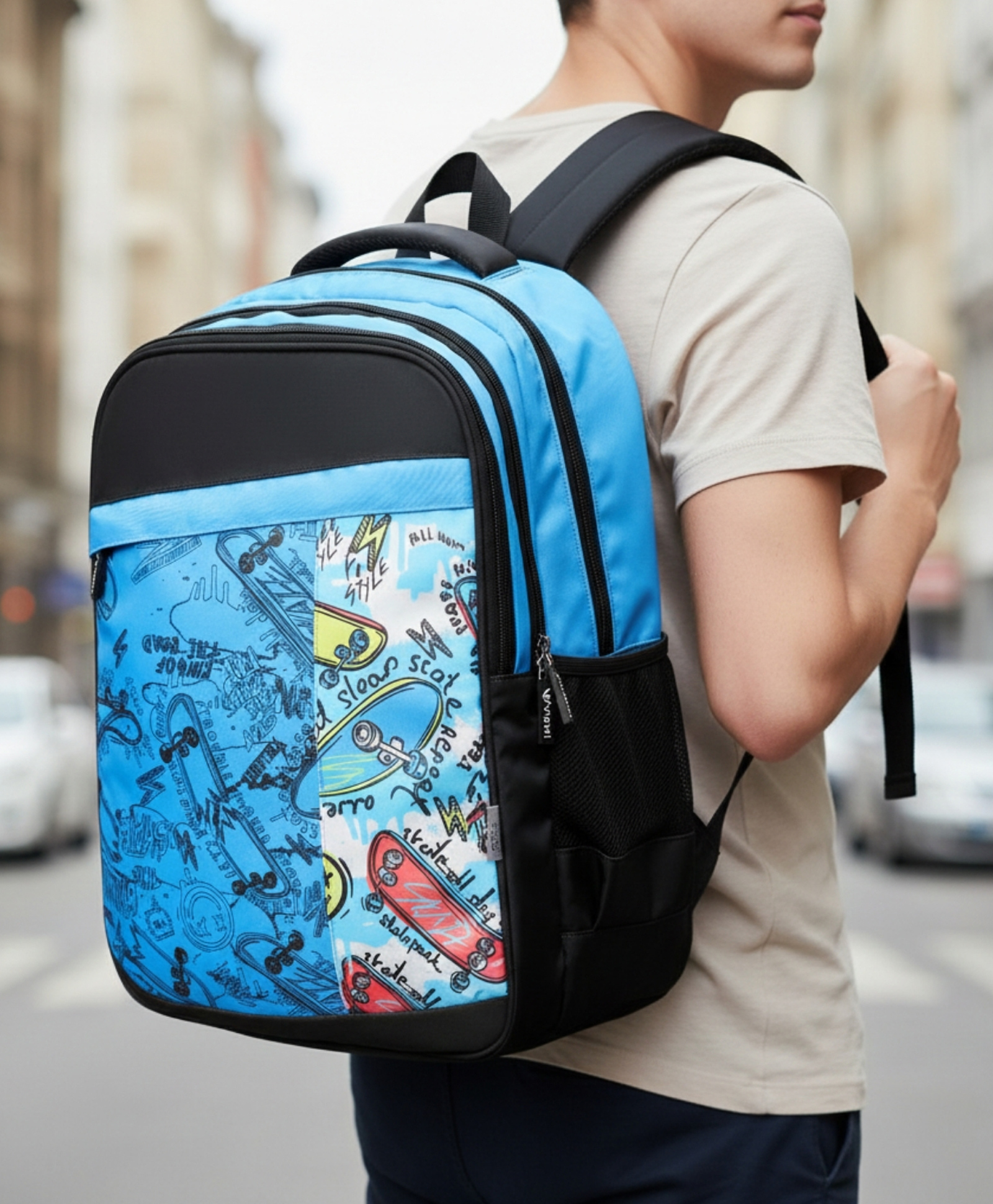 VISMIINTREND 19-Inch School Bag for Boys & Girls - Spacious, Lightweight, Durable Backpack with Multiple Compartments & Water-Resistant Material -Skatey- Black & Blue- Height 19 Inches-image-33