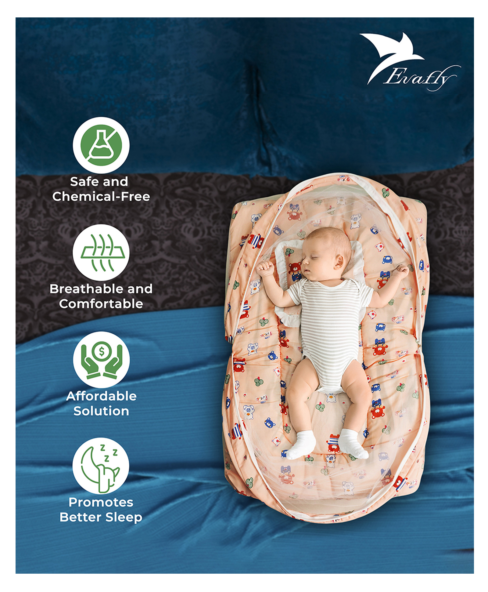 Evafly Mosquito net for Baby 0-12 Months with Cotton Bed (Size : L73cm X W44cm Colour - Peach)-image-17