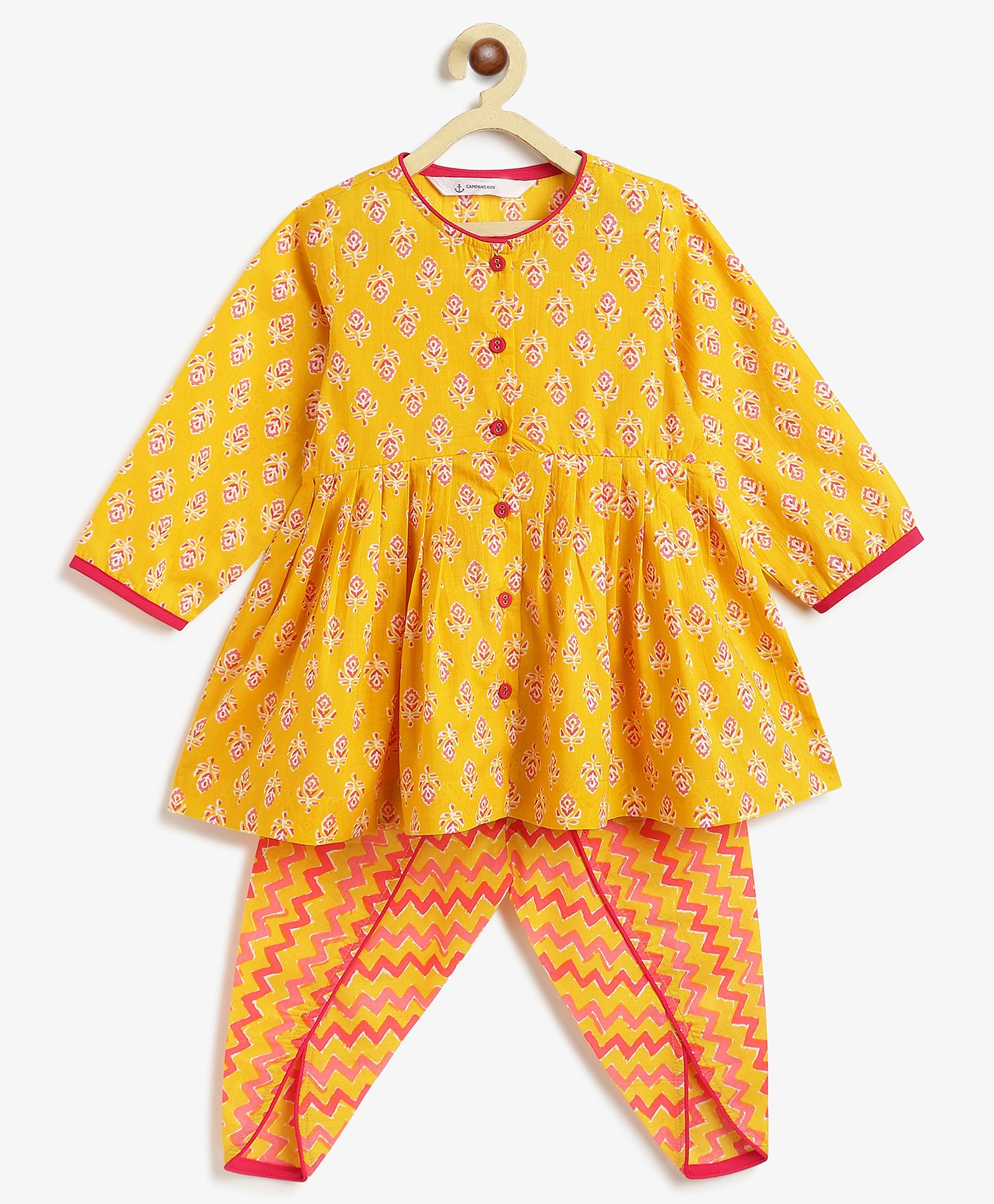 Campana 100% Cotton Full Sleeves Floral Motifs Printed Kurta Dhoti Set - Yellow & Pink-picture-28
