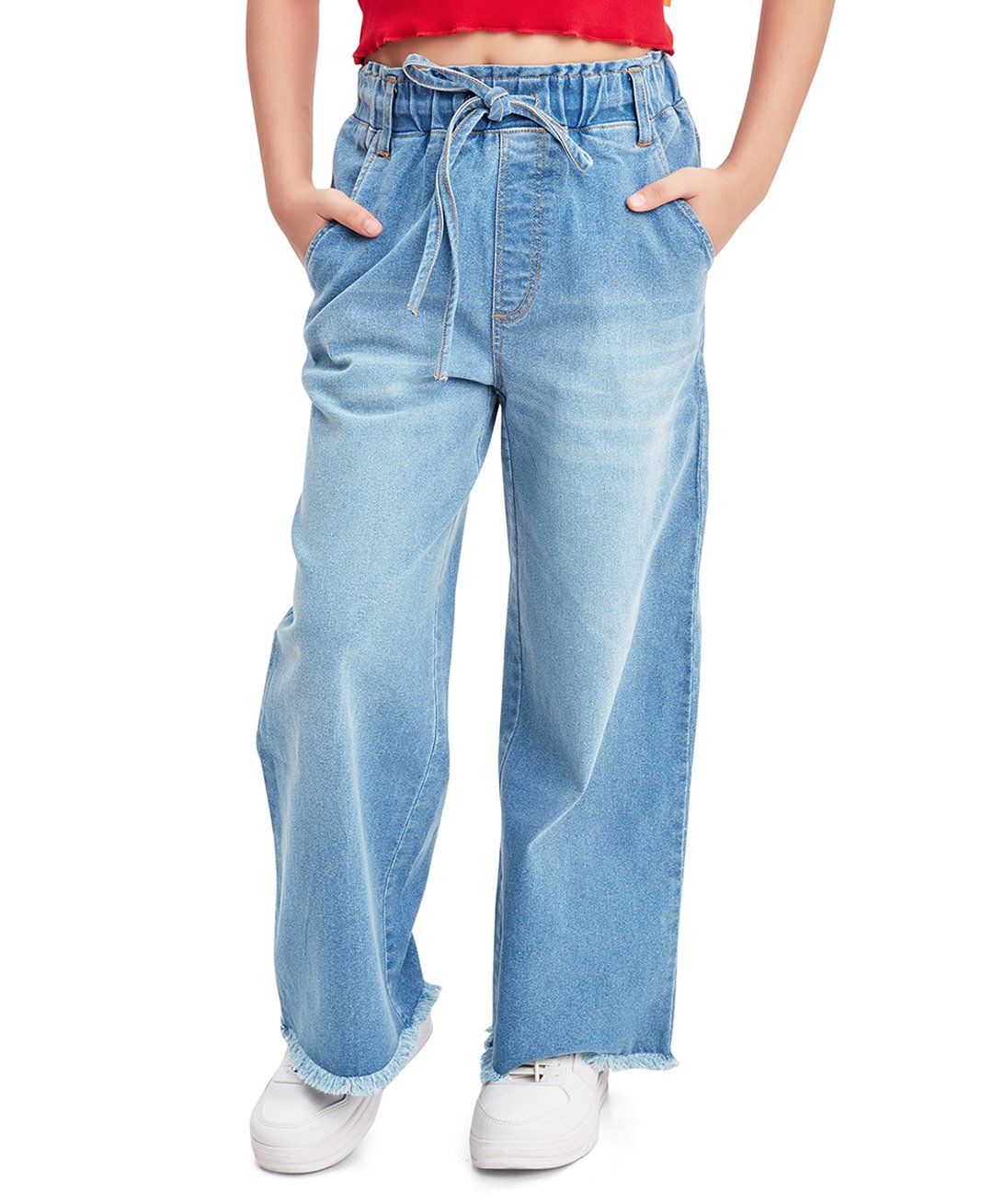 Olele Cotton Denim Pull On Raw Edge Jeans - Blue-picture-28