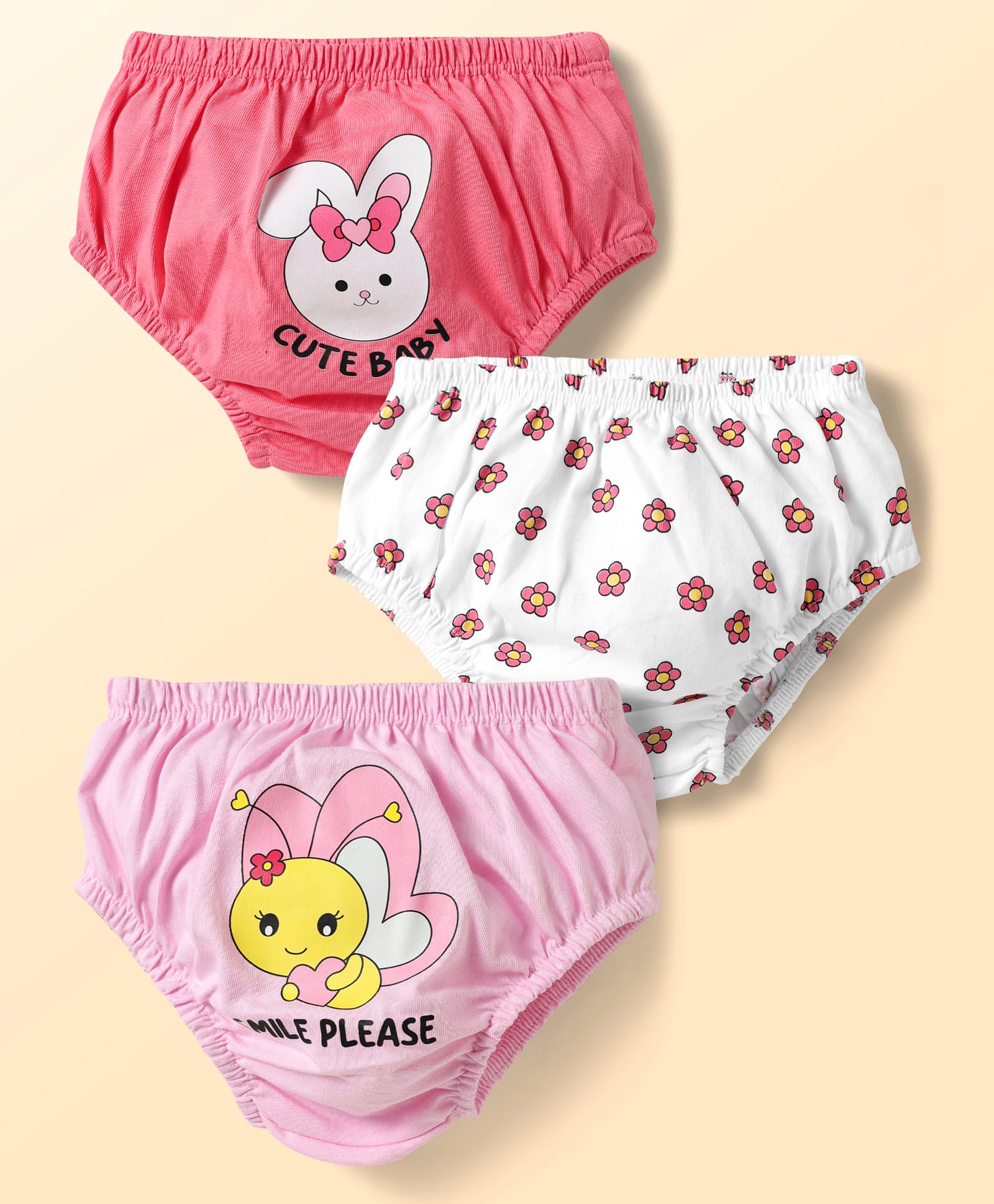 Doodle Poodle 100% Cotton Single Jersey Knit Panties With Floral & Bunny Print Pack Of 3 - Pink White & Red-image-49