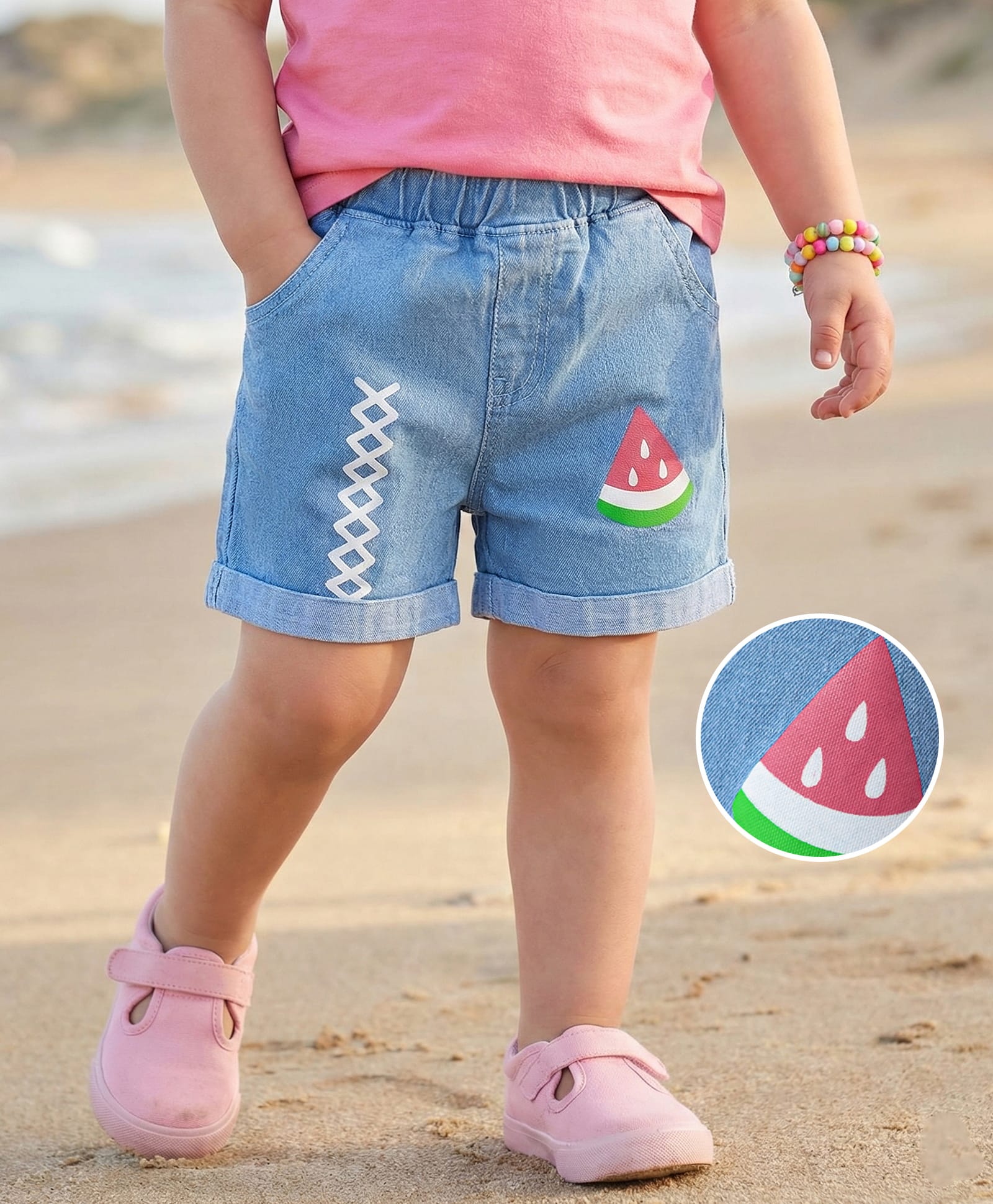 Mark & Mia Cotton Lycra Denim Knee Length Shorts With Watermelon Print - Blue-picture-19