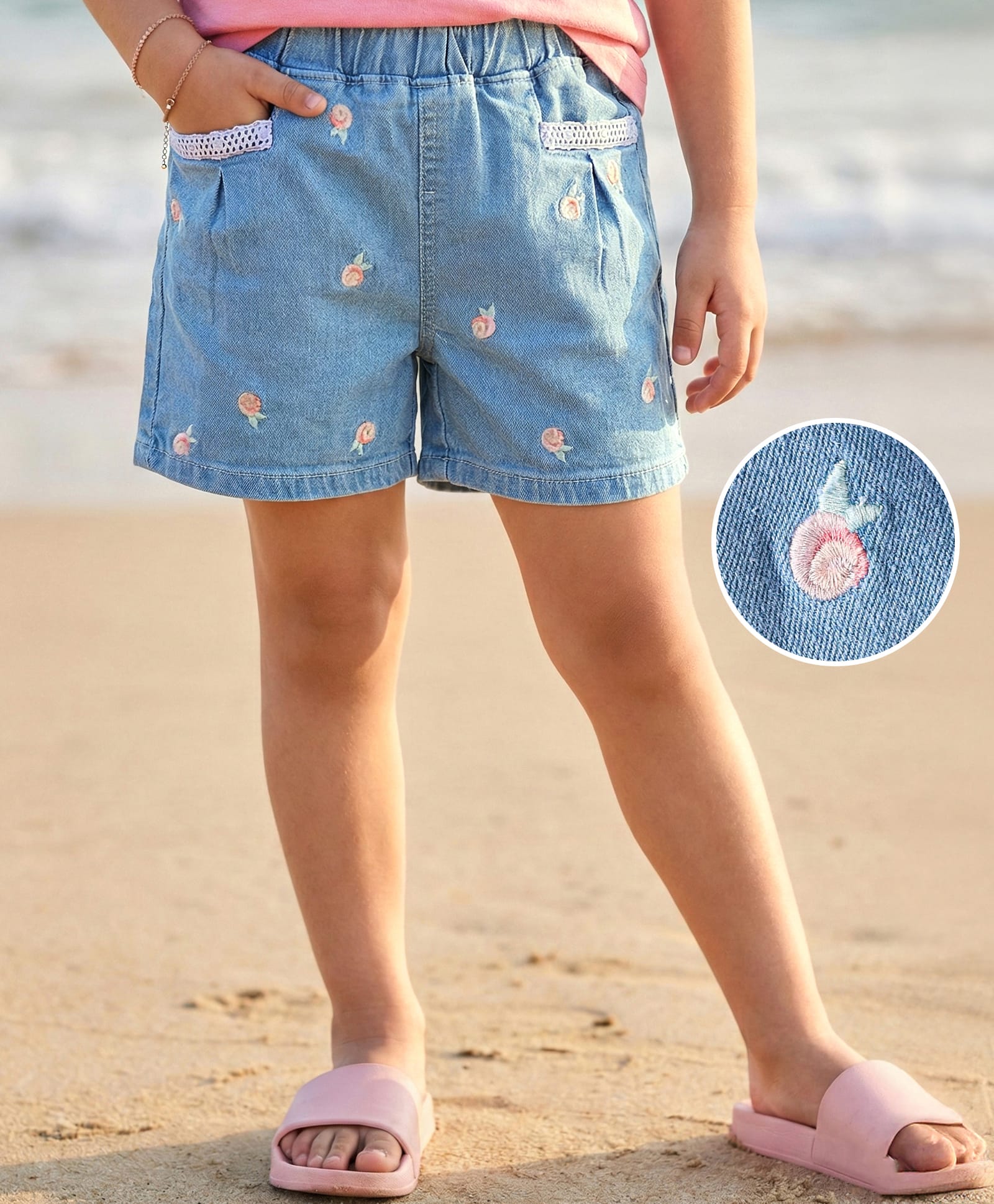Mark & Mia Denim Knee Length Shorts With Embroidery & Lace Detailing - Blue-image-37