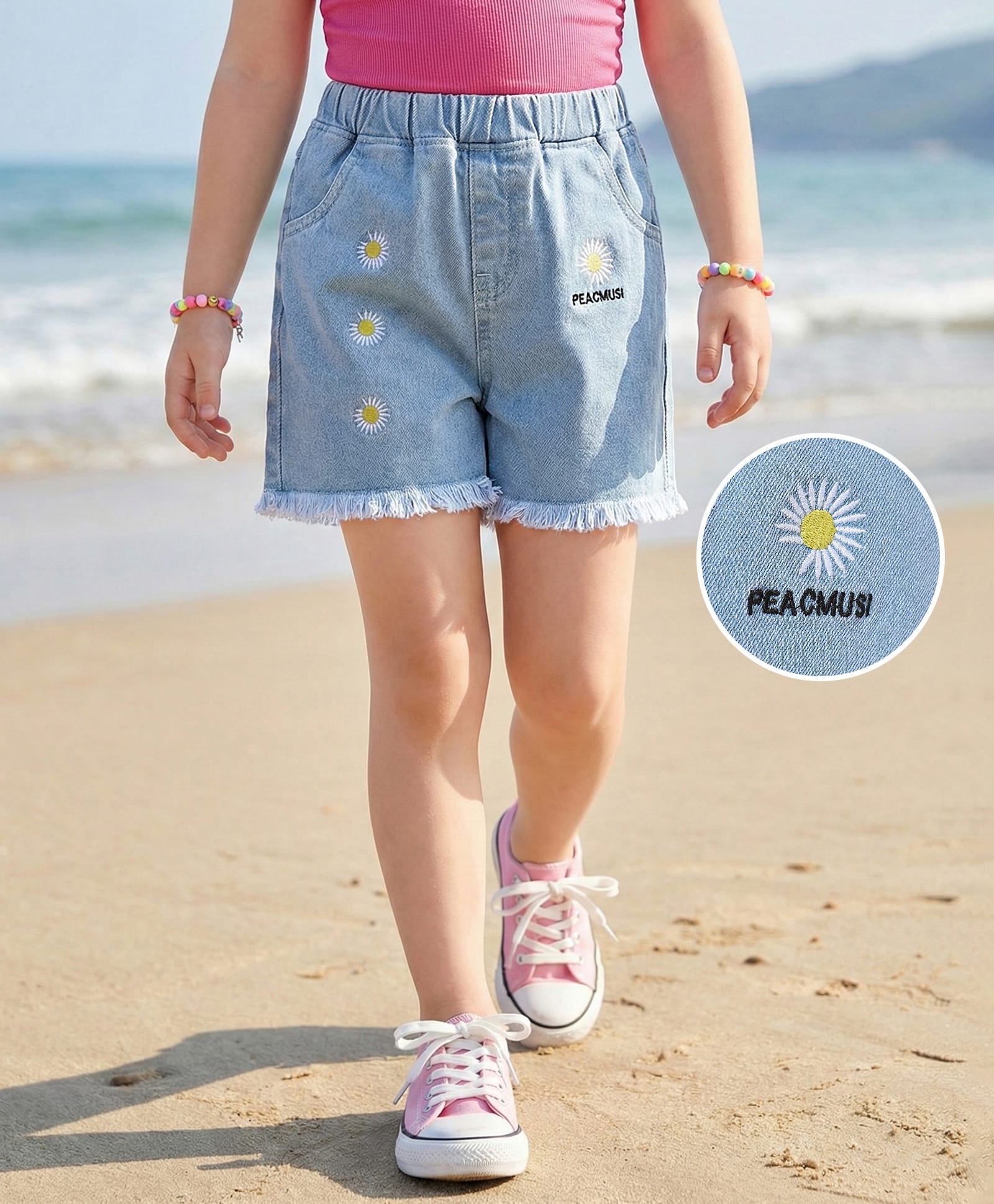 Mark & Mia Denim Knee Length Shorts with Floral Embroidery - Light Blue