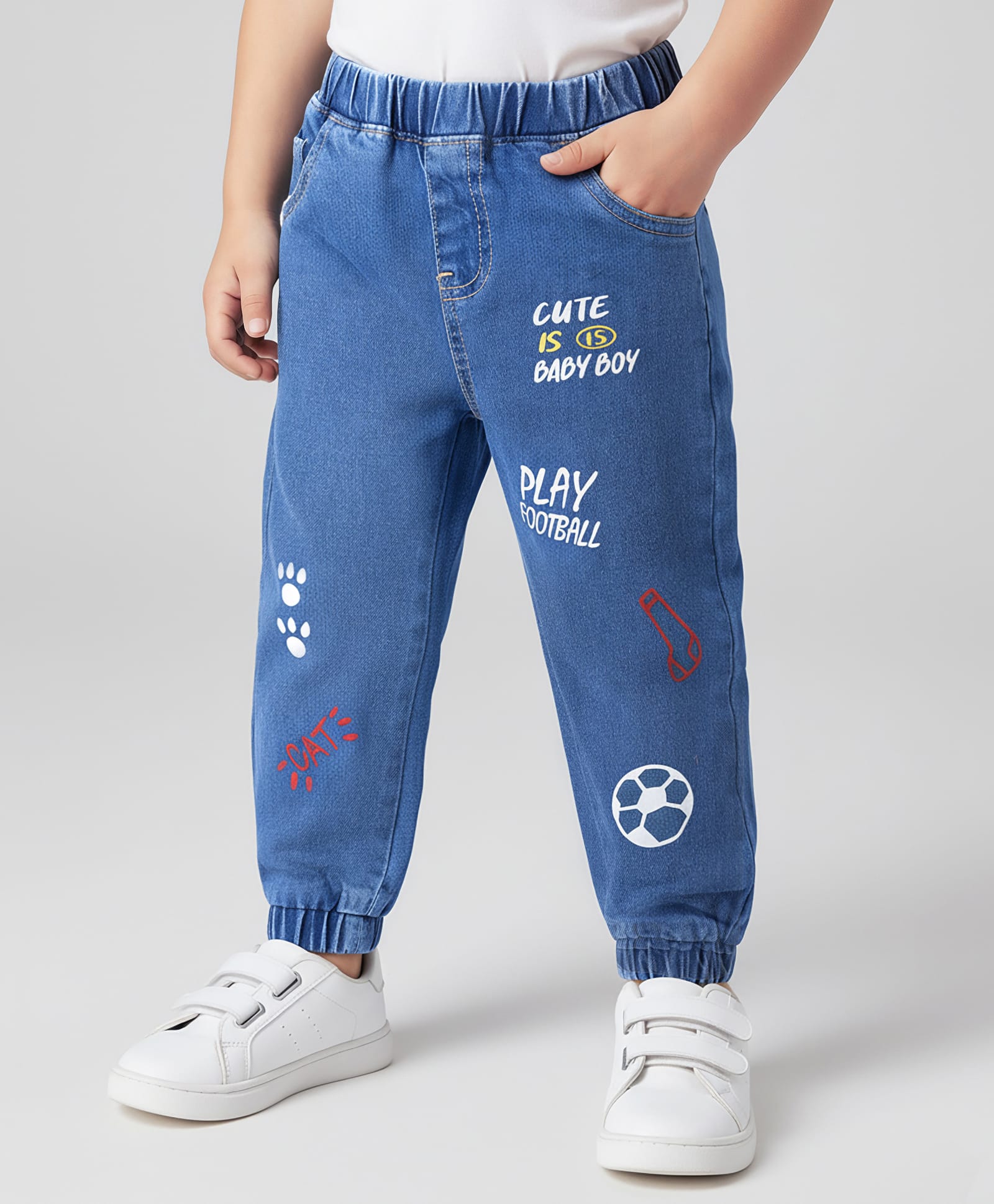 Mark & Mia Cotton Lycra Full Length Jeans With Football Theme Graphic - Blue-picture-25