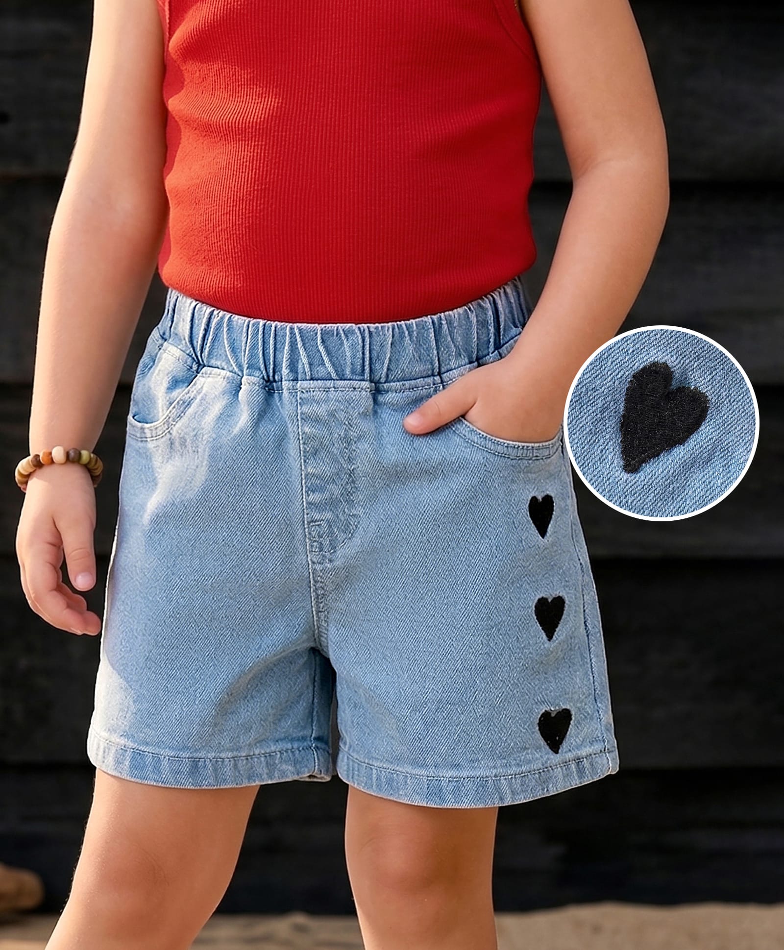 Mark & Mia Cotton Lycra Denim Shorts With Heart Embroidery - Blue-image-47