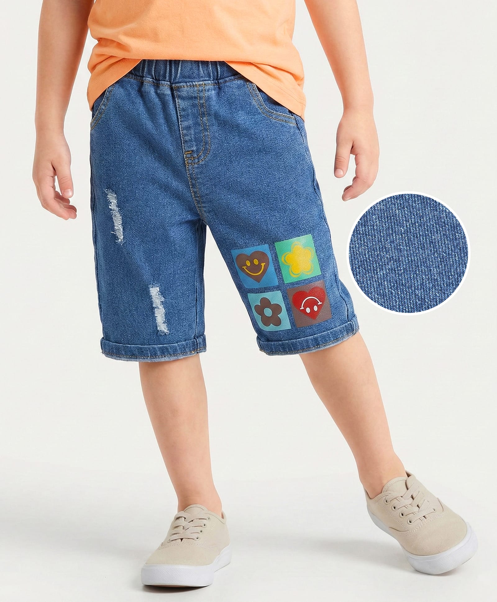 Mark & Mia Cotton Lycra Denim Knee Length Shorts With Tearing & Graphics Detailing - Blue-picture-27