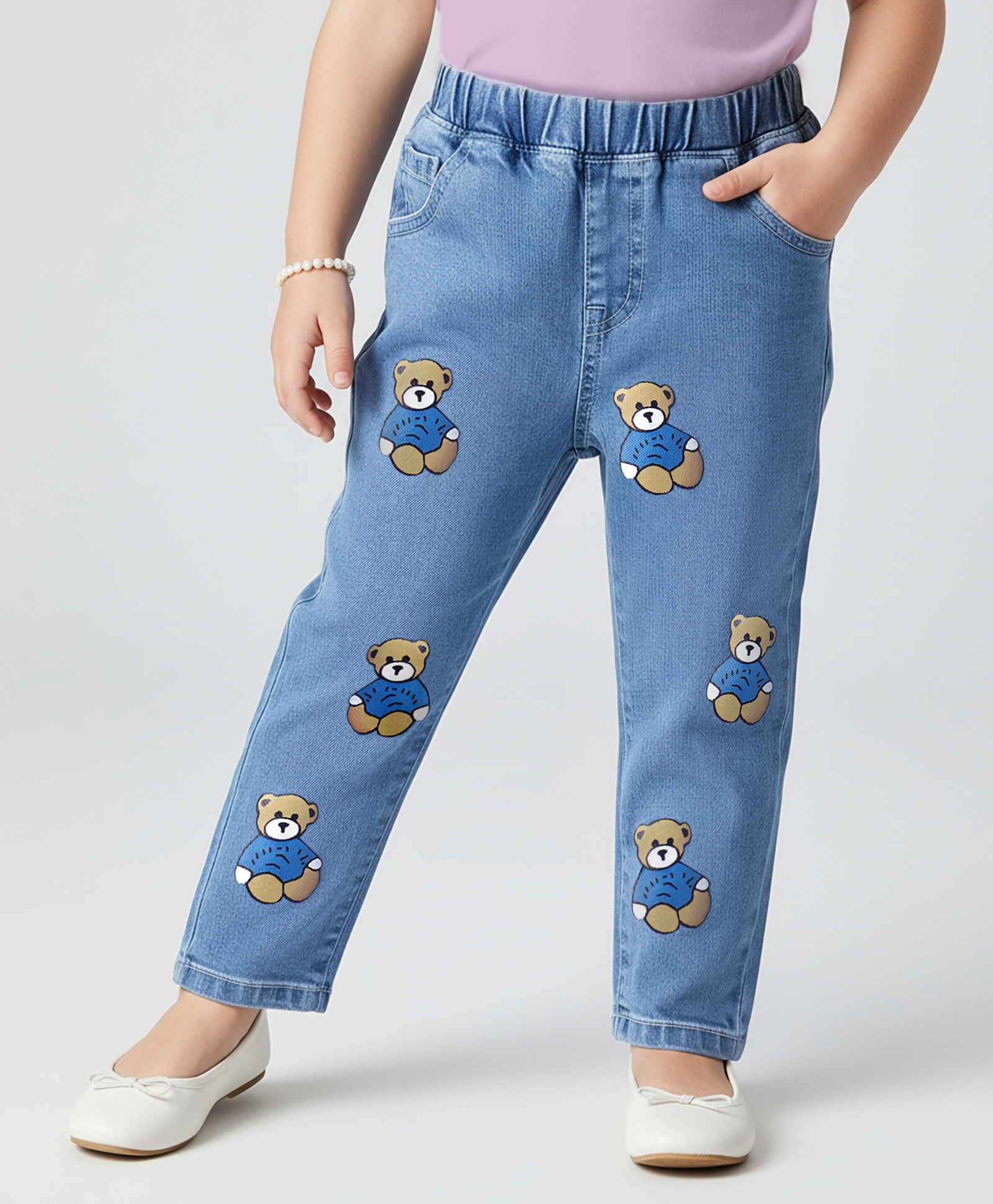 Mark & Mia Cotton Lycra Full Length Jeans With Bear Print - Light Blue-picture-18