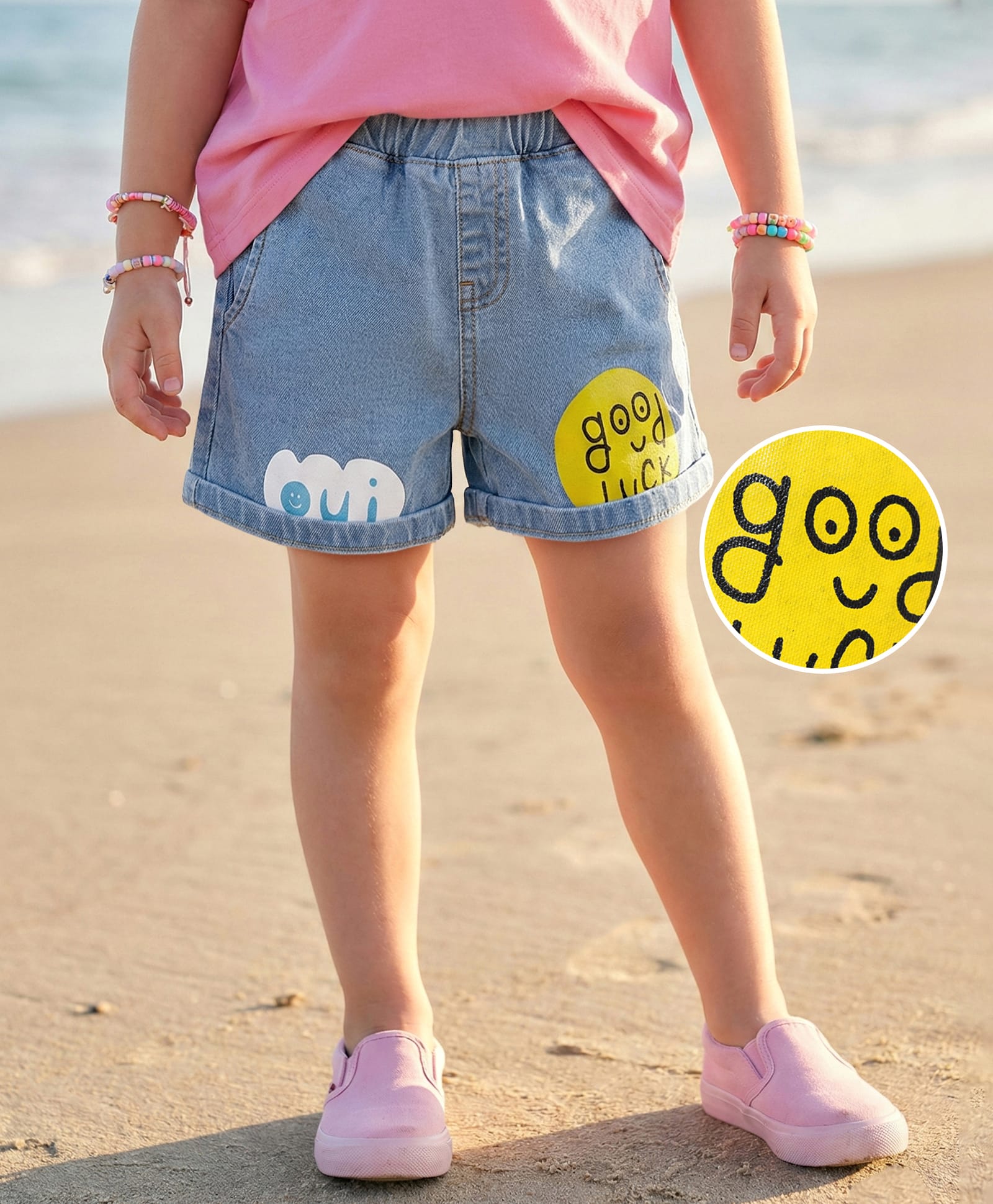 Mark & Mia Denim Knee Length Shorts With Good Luck Text Print - Light Blue-picture-20