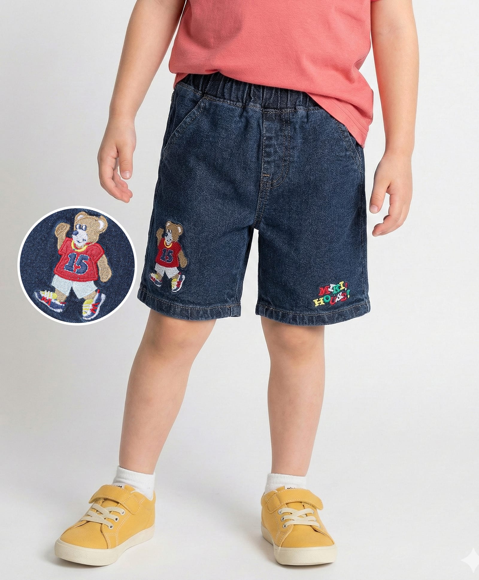 Mark & Mia Cotton Lycra Denim Knee Length Shorts With Bear Embroidery - Navy Blue-image-42