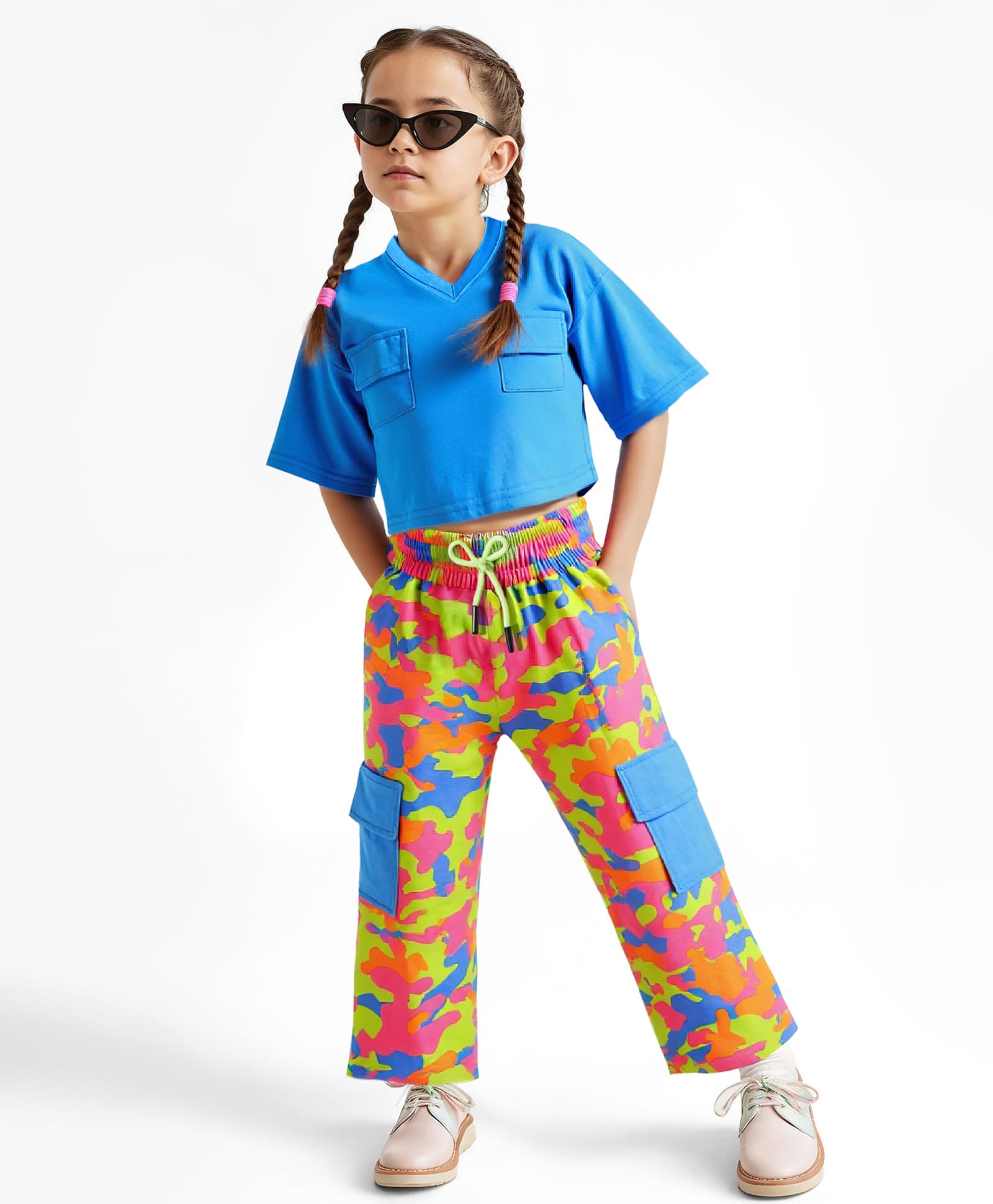 OLLINGTON ST. Cotton Knit Half Drop Shoulder Sleeve Top & Pant With Camouflage Print - Blue & Multicolor-image-45
