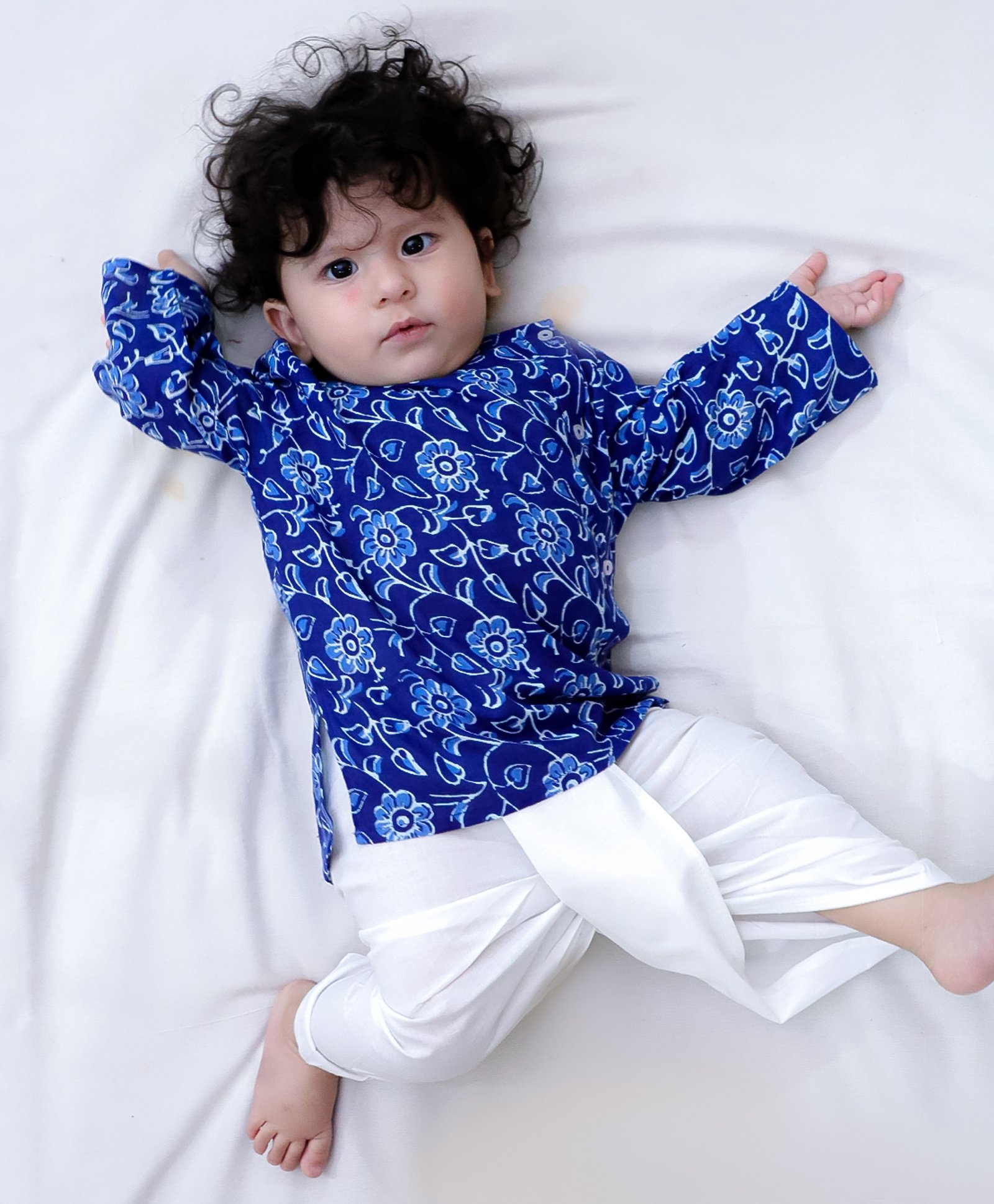 BownBee Pure Cotton Full Sleeves Floral Printed Kurta & Dhoti Set - Indigo-picture-16