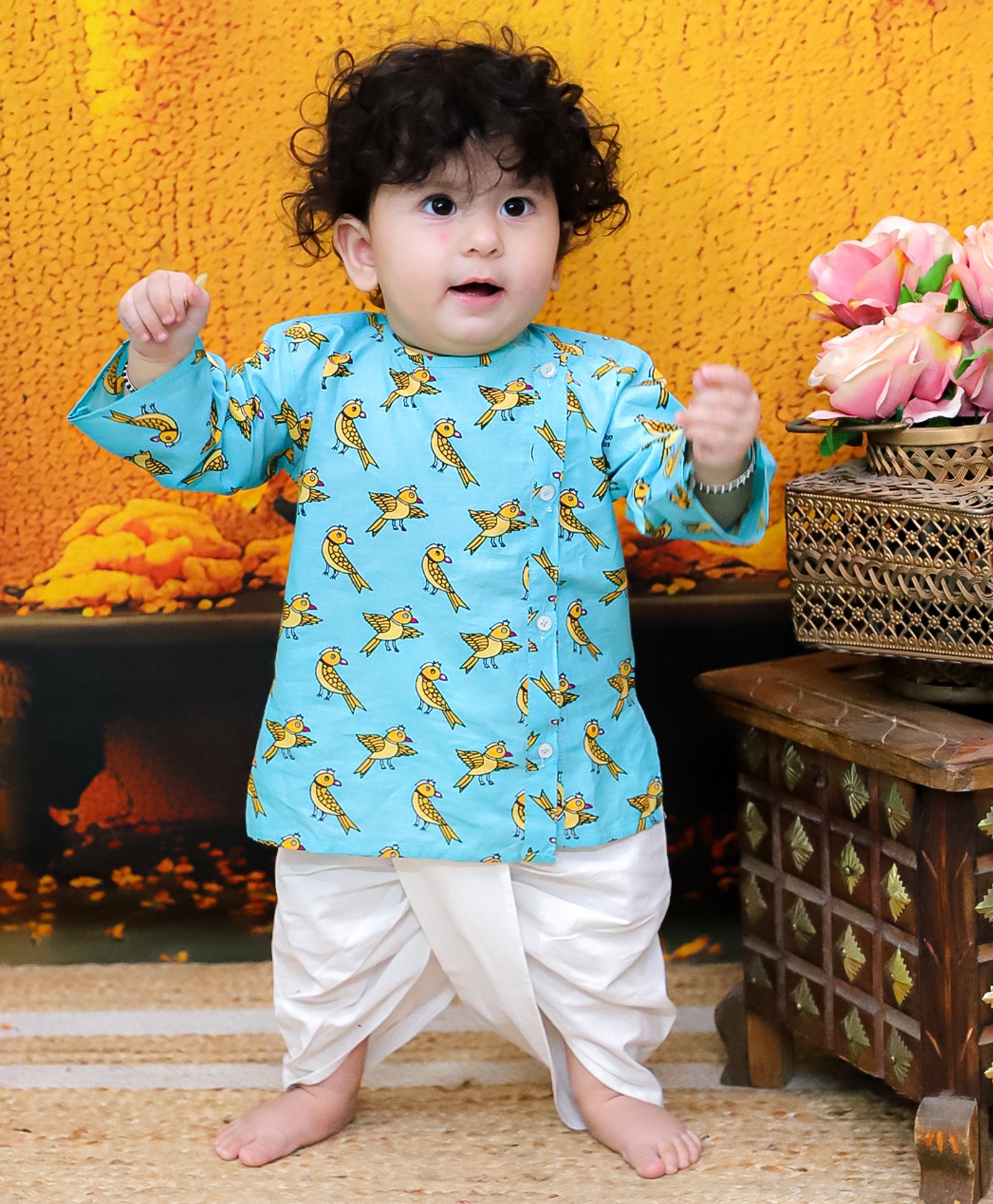 BownBee Pure Cotton Full Sleeves Birds Printed Kurta & Dhoti Set - Blue-picture-21