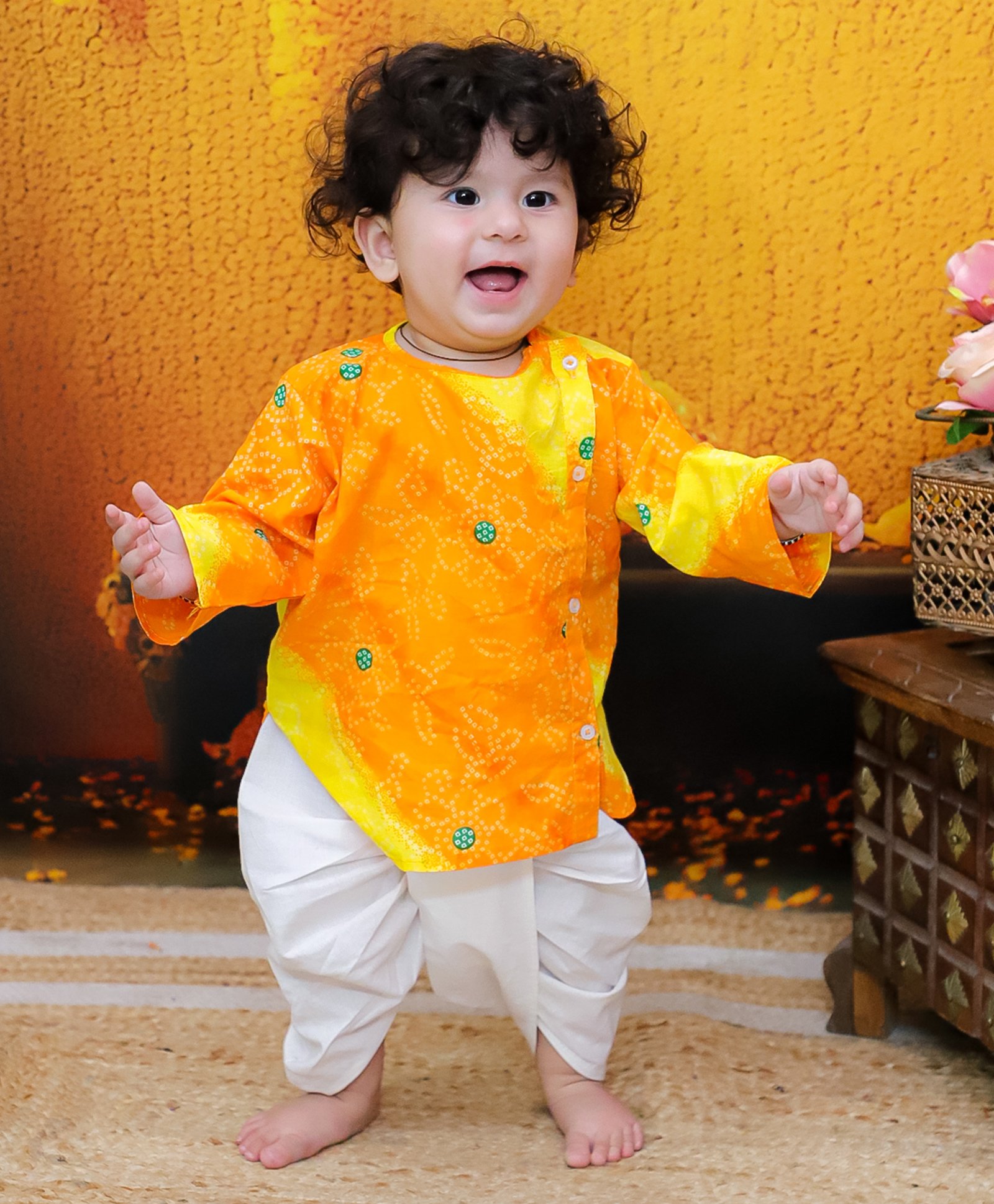 BownBee Pure Cotton Full Sleeves Bandhani Designed Kurta & Dhoti Set - Orange-picture-21