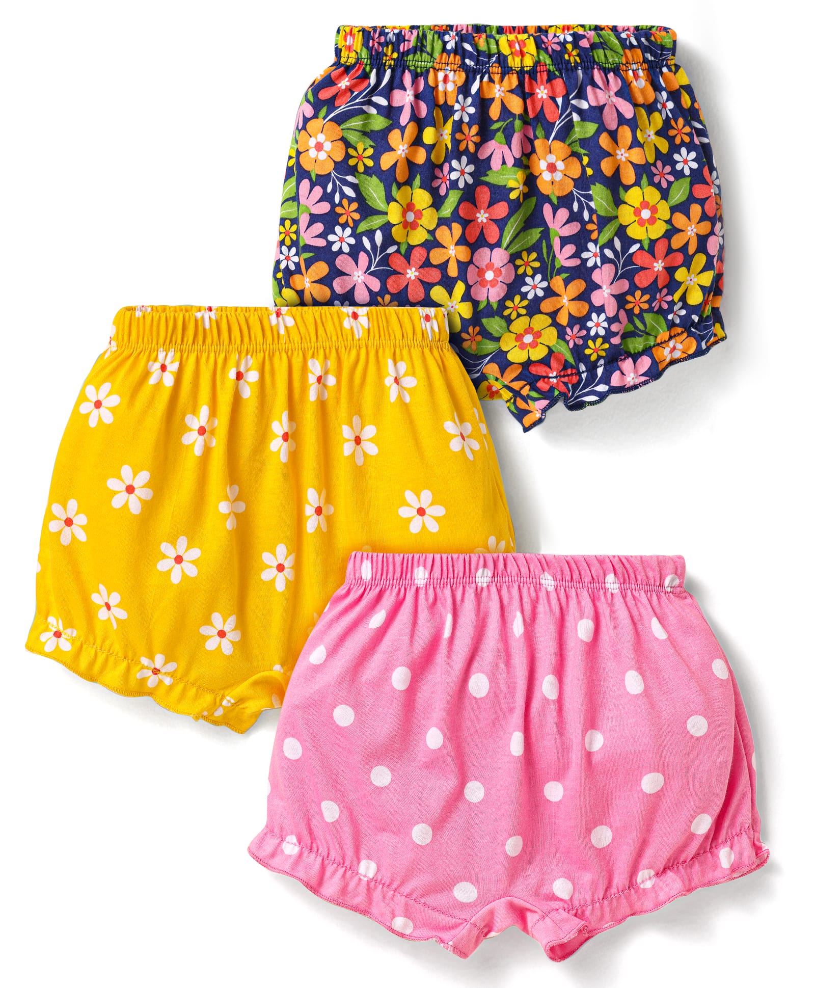 Babyhug 100% Cotton Knit Floral & Polka Dot Printed Bloomers Pack of 3 - Navy Blue Pink & Yellow-image-4